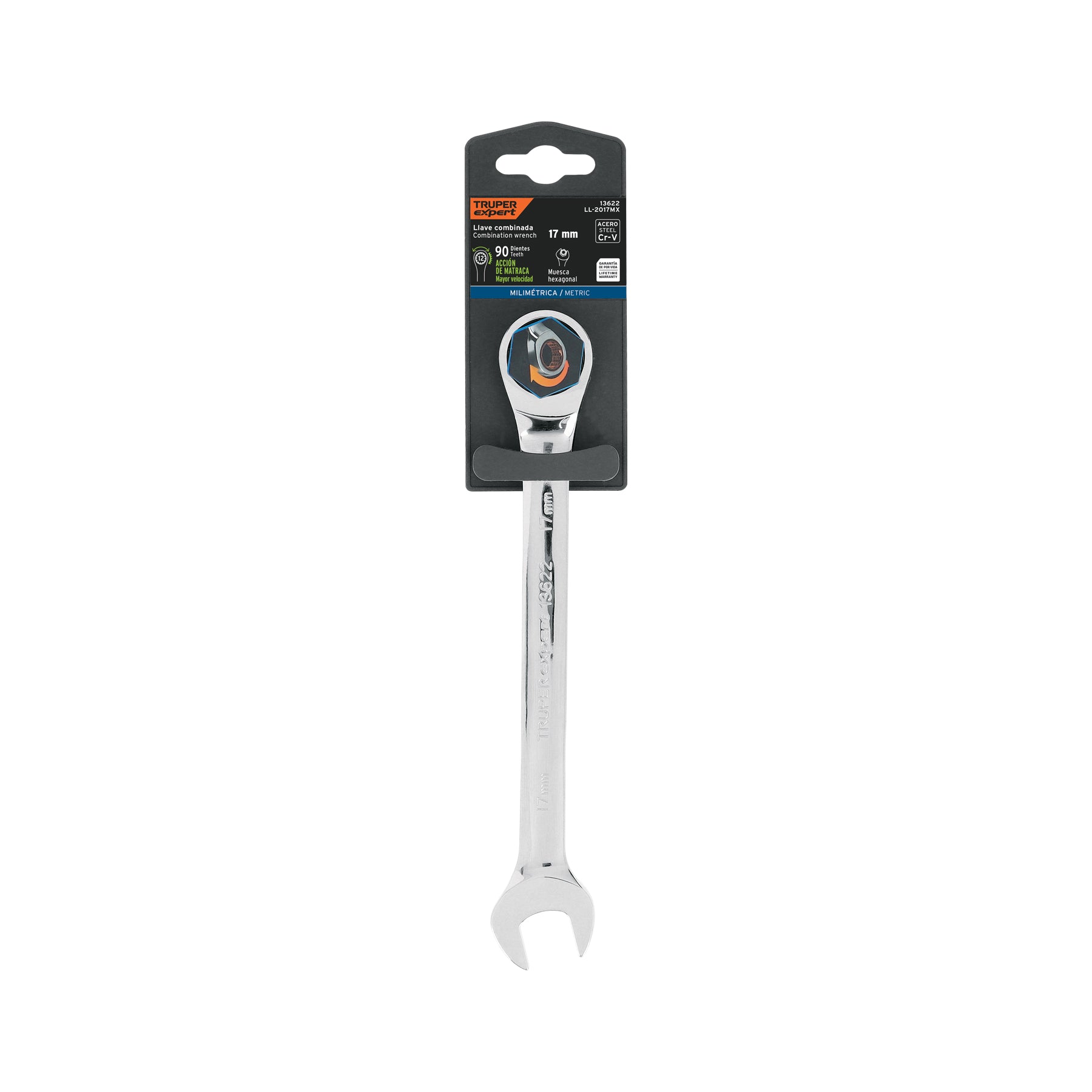 Llave combinada con matraca 17 mm x 218 mm largo, EXPERT
