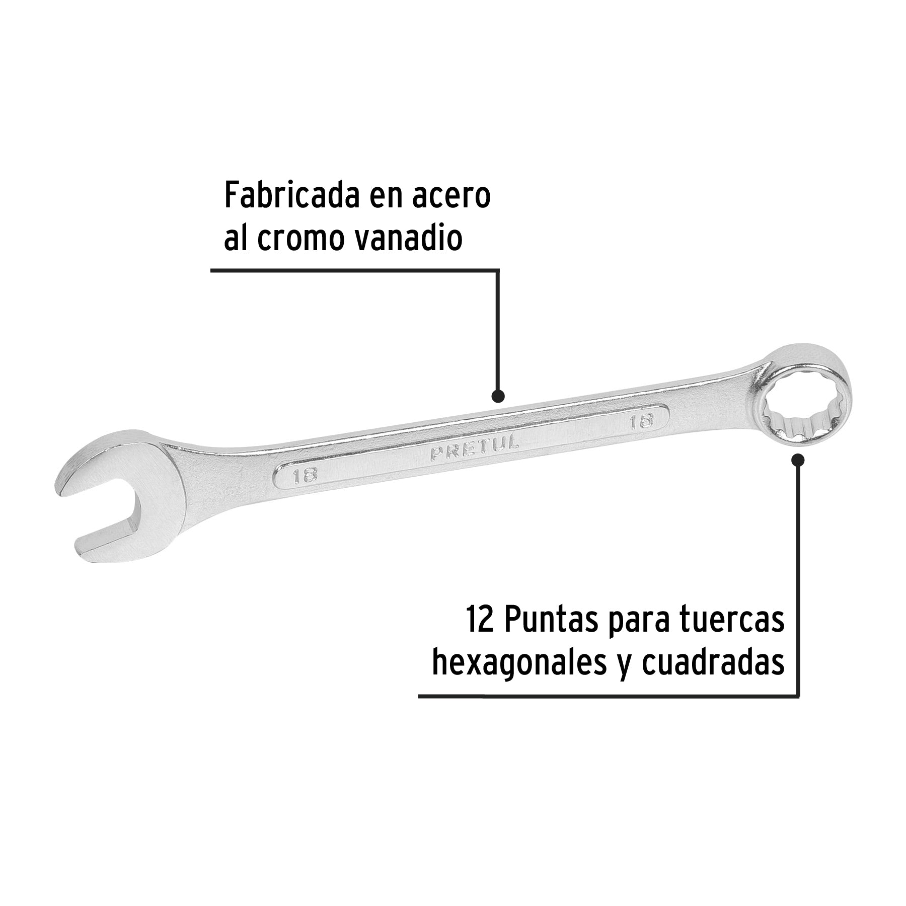 Llave combinada 18 mm x 220 mm de largo, PRETUL