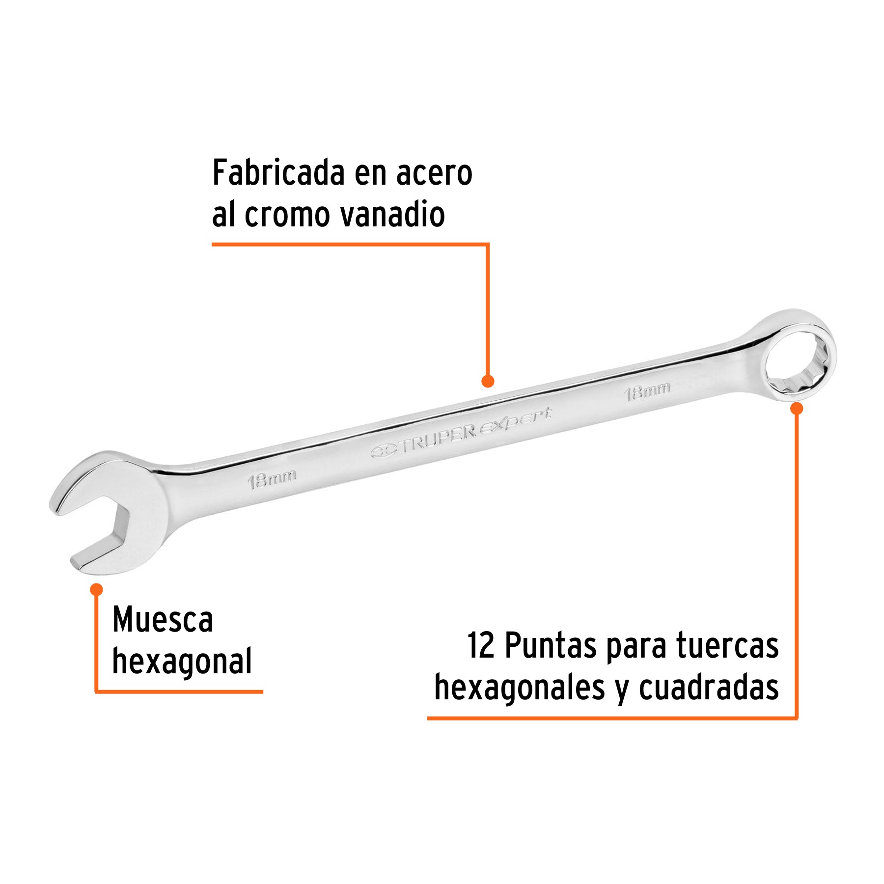 Llave combinada extralarga 18 mm x 269 mm de largo, EXPERT