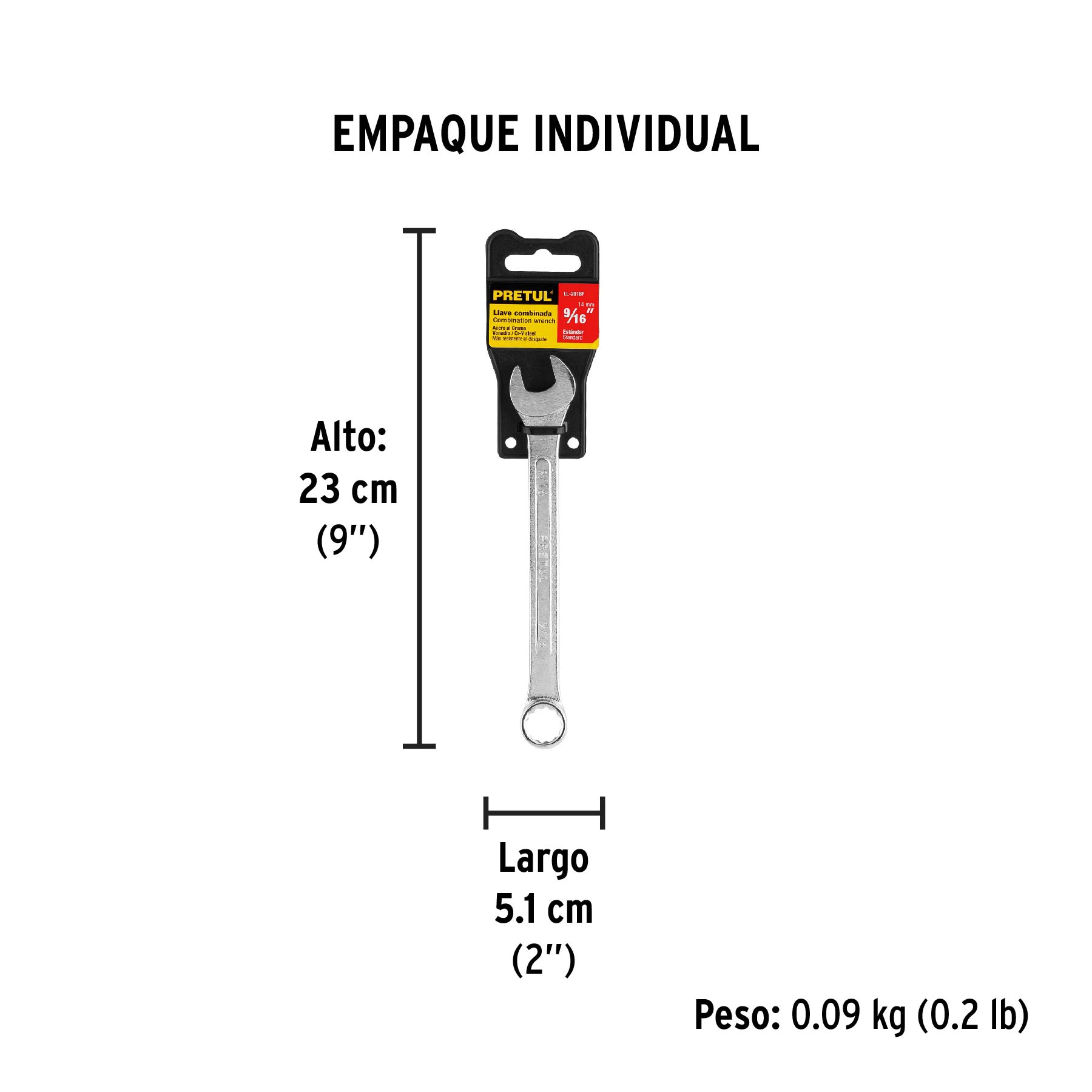 Llave combinada 9/16" x 180 mm de largo, PRETUL - Empaque