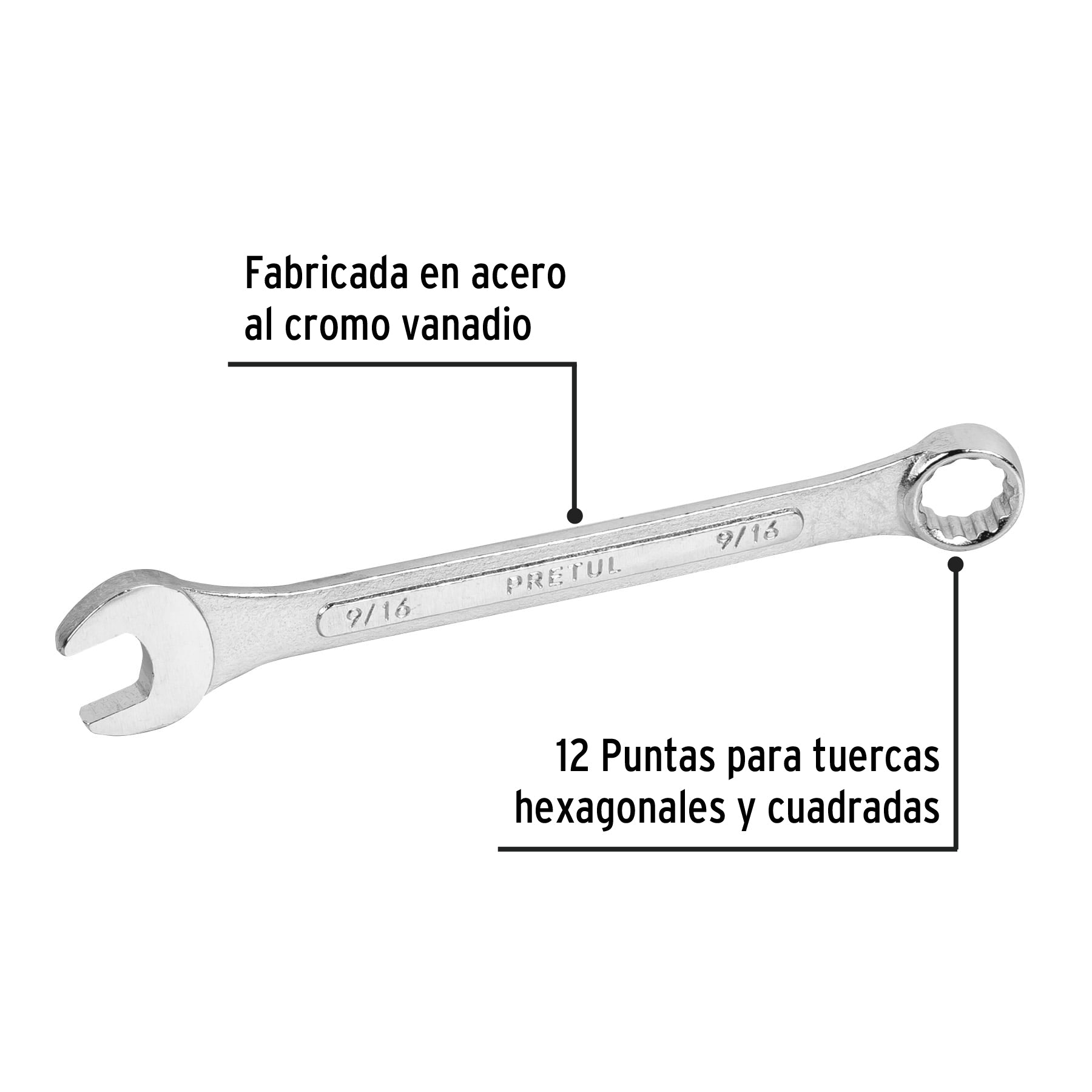 Llave combinada 9/16" x 180 mm de largo, PRETUL