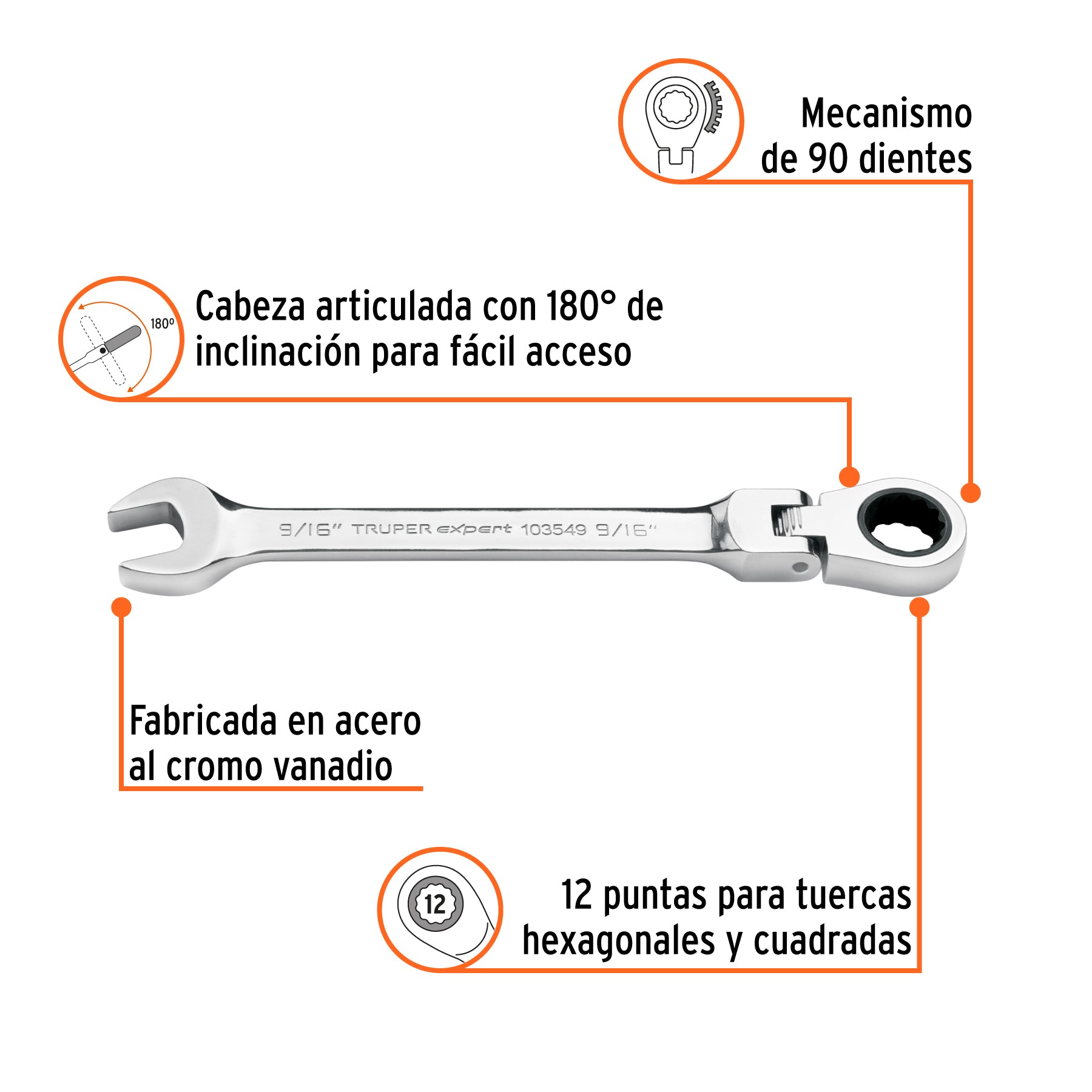 Llave combinada con matraca 9/16" flexible, EXPERT