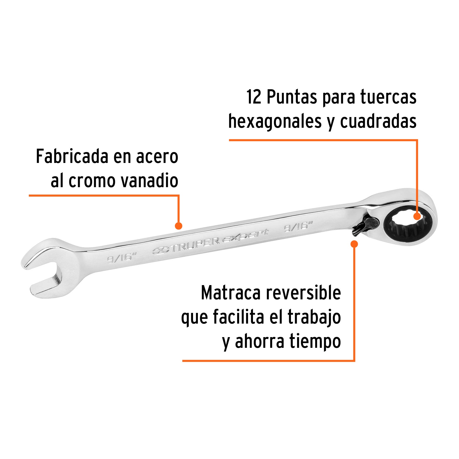 Llave combinada matraca reversible 9/16"x188 mm largo,EXPERT