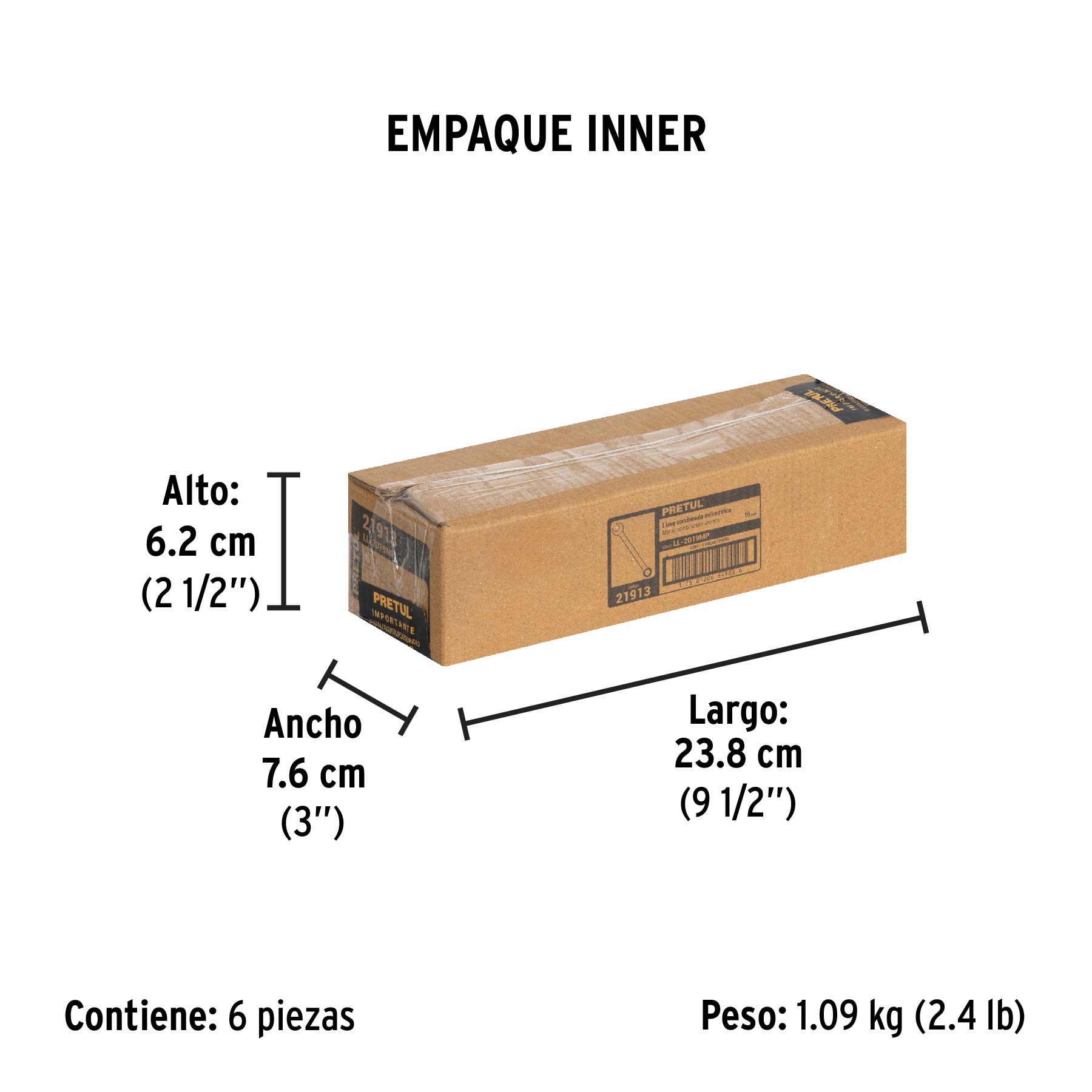 Llave combinada 19 mm x 230 mm de largo, PRETUL - Empaque