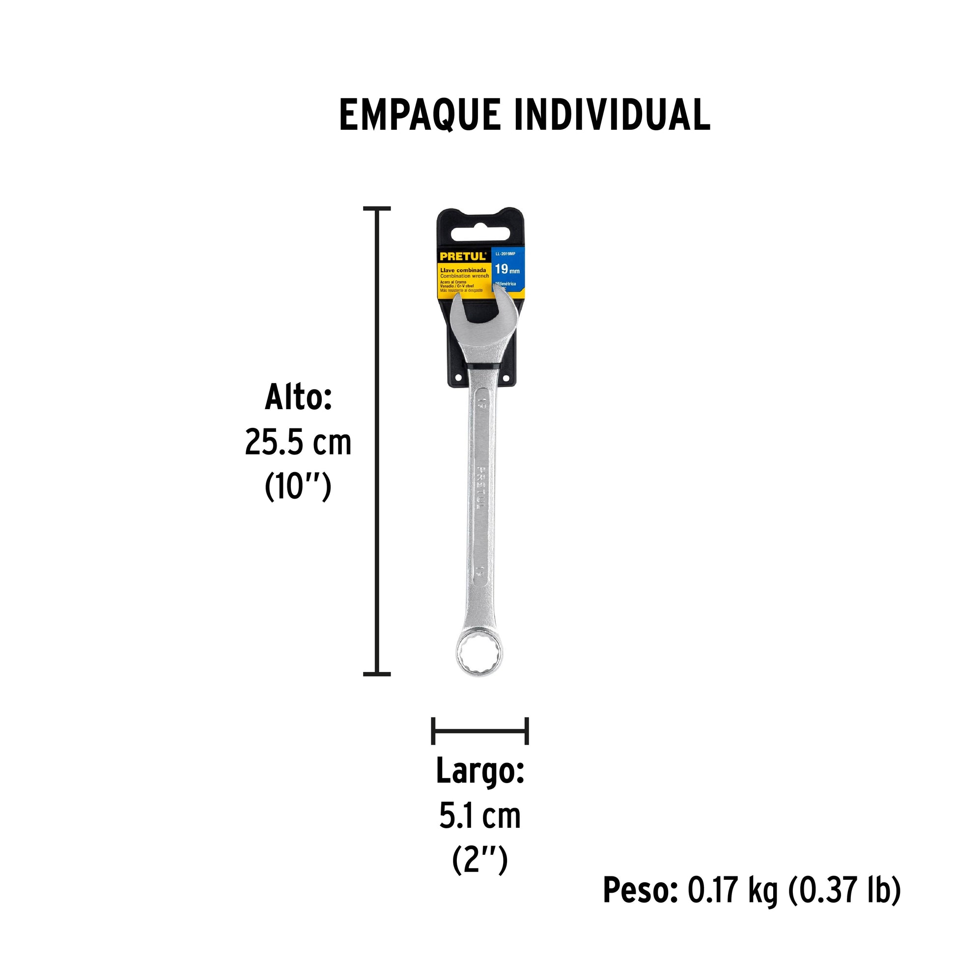 Llave combinada 19 mm x 230 mm de largo, PRETUL - Empaque