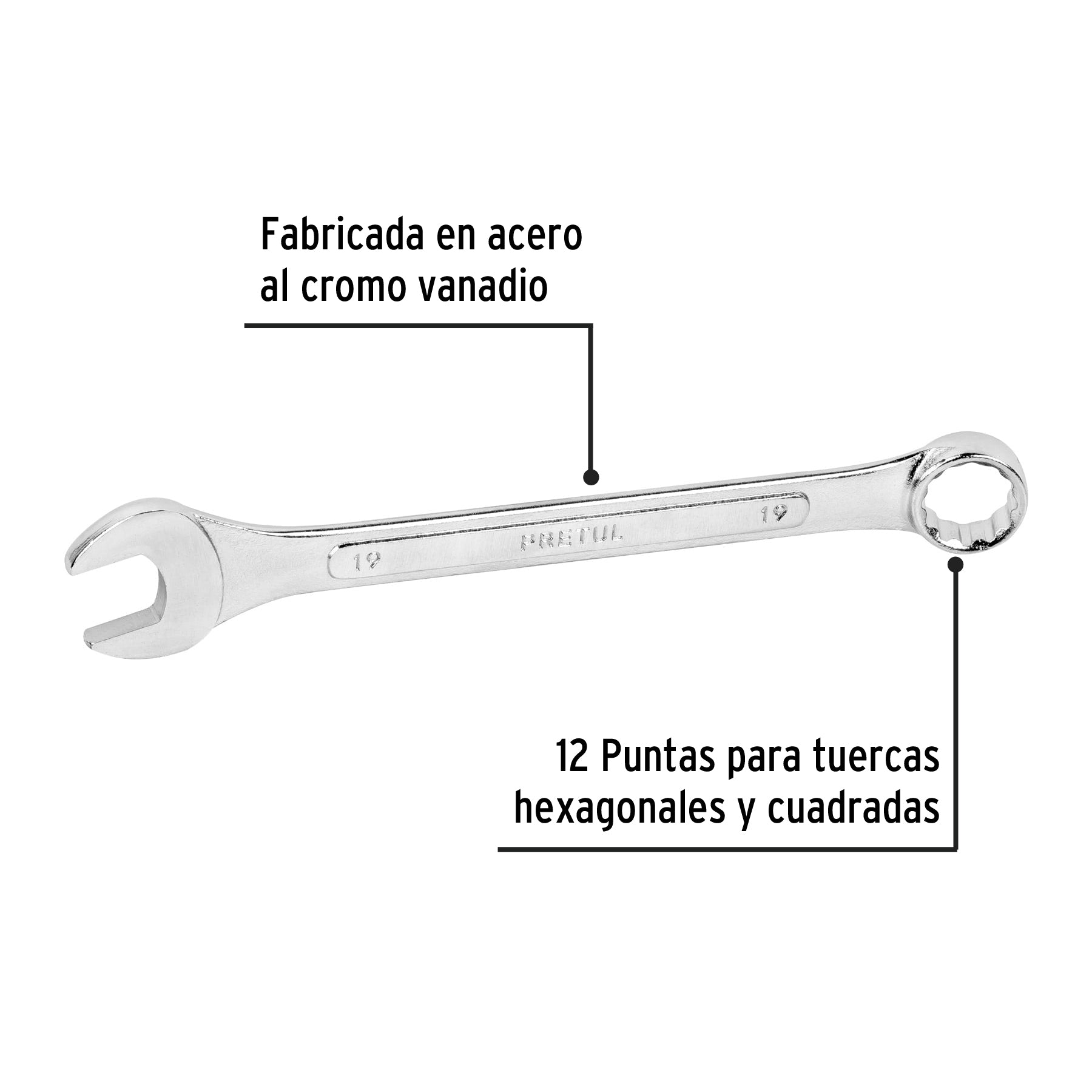 Llave combinada 19 mm x 230 mm de largo, PRETUL