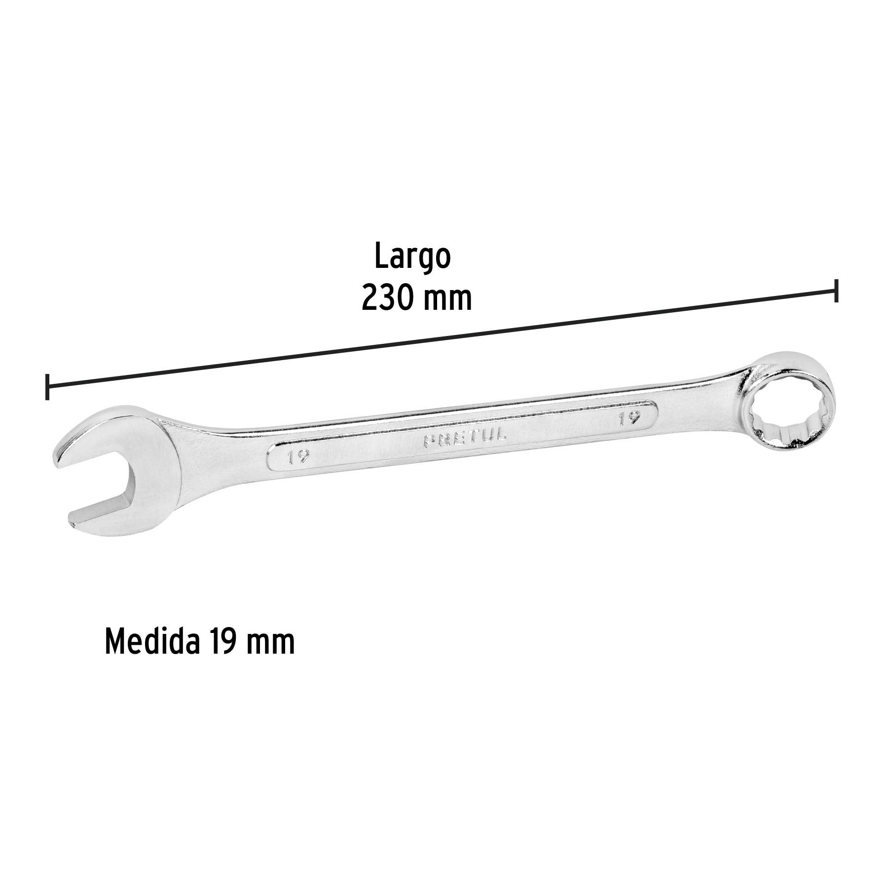 Llave combinada 19 mm x 230 mm de largo, PRETUL