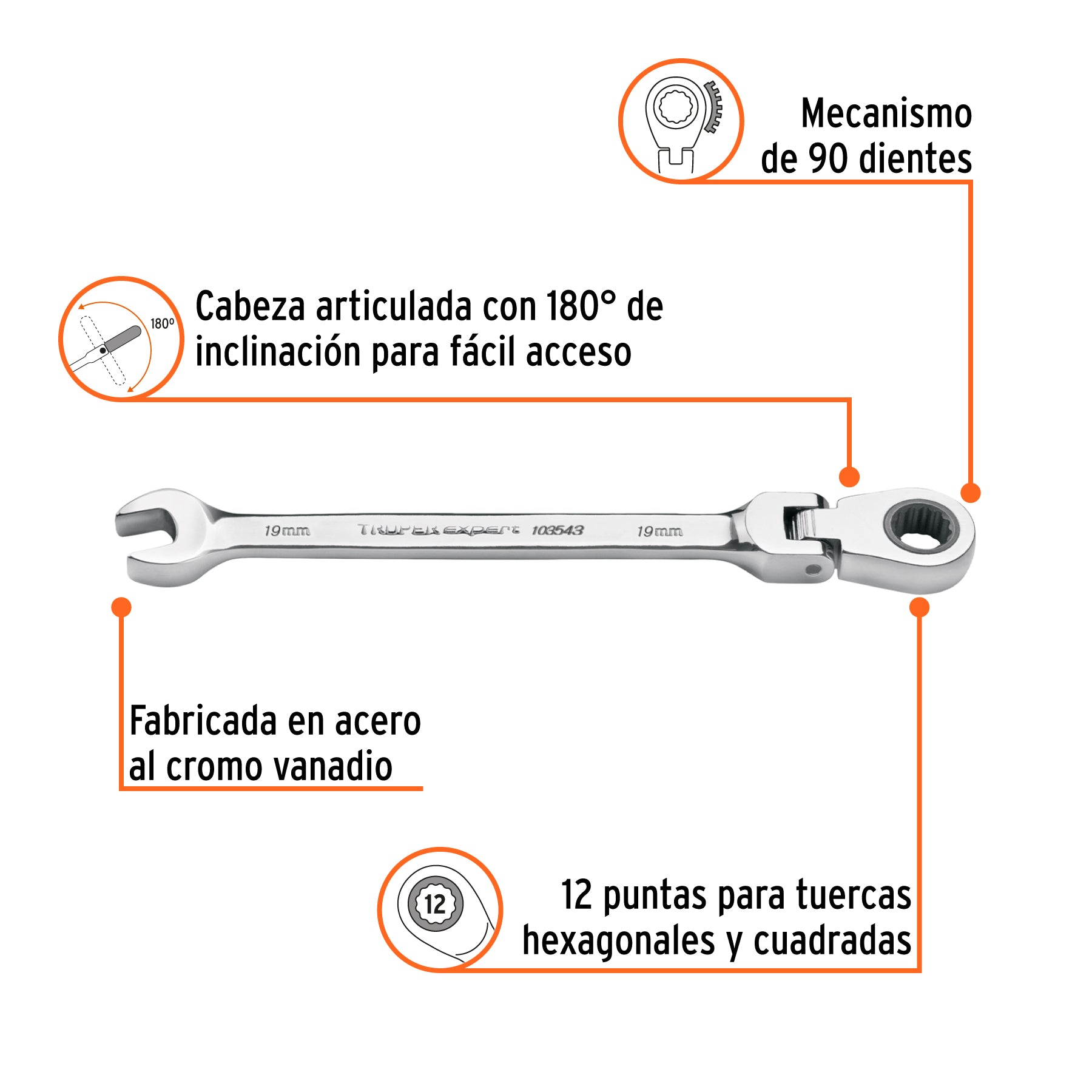 Llave combinada con matraca 19 mm flexible, EXPERT