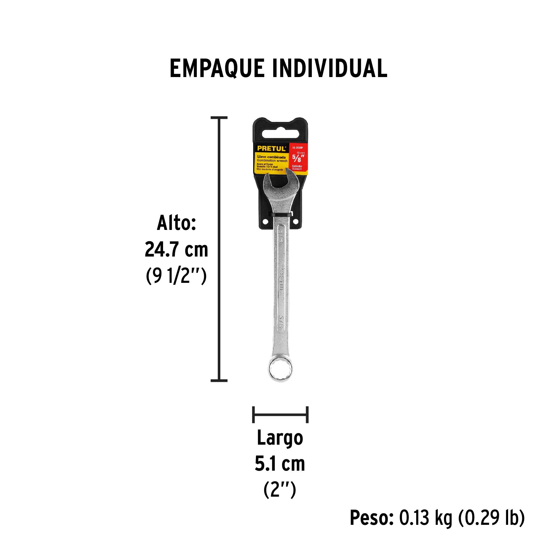 Llave combinada 5/8" x 200 mm de largo, PRETUL - Empaque