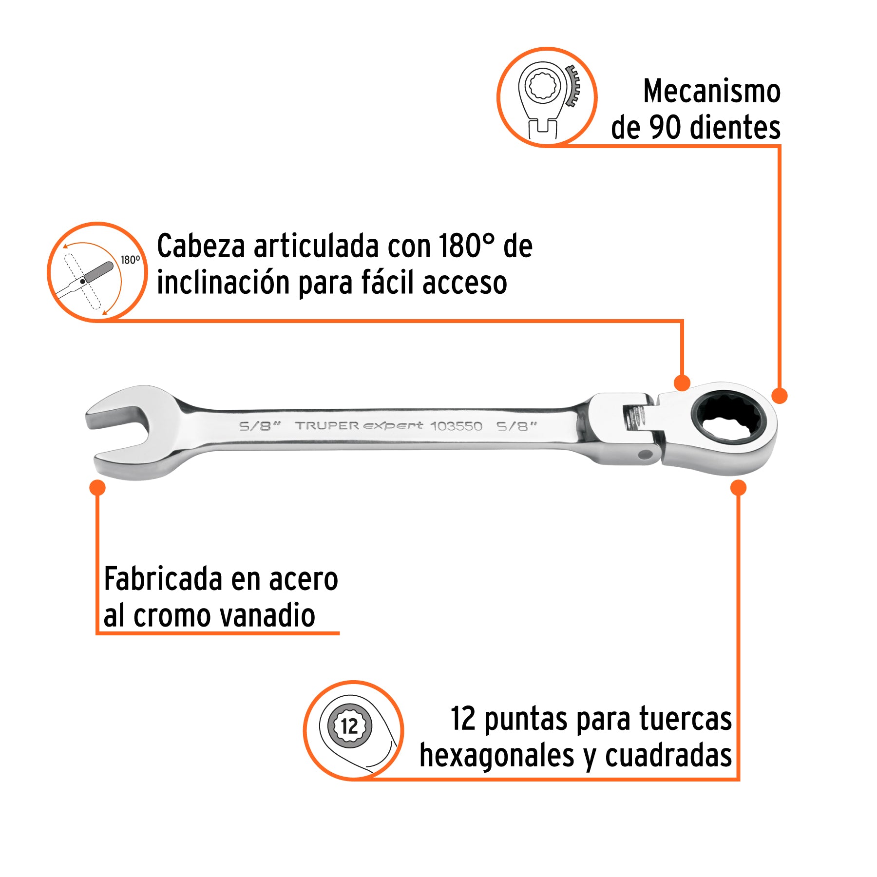 Llave combinada con matraca 5/8" flexible, EXPERT