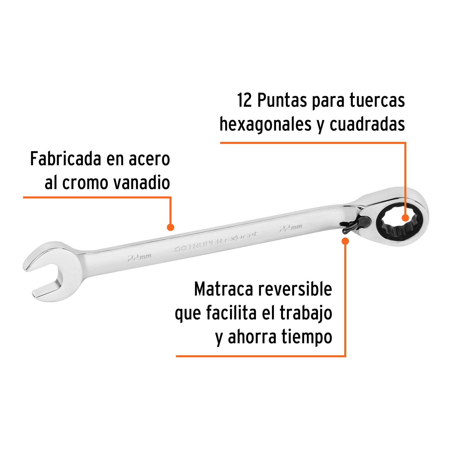 Llave combinada matraca reversible 22mmx288 mm largo, EXPERT