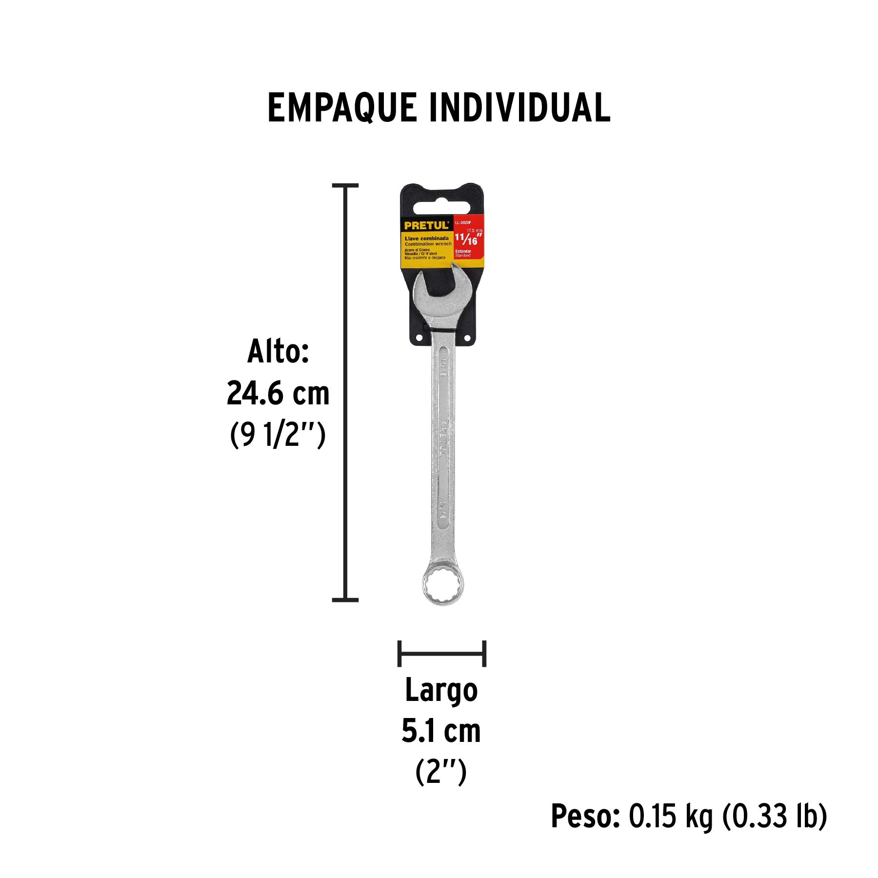 Llave combinada 11/16" x 210 mm de largo, PRETUL - Empaque