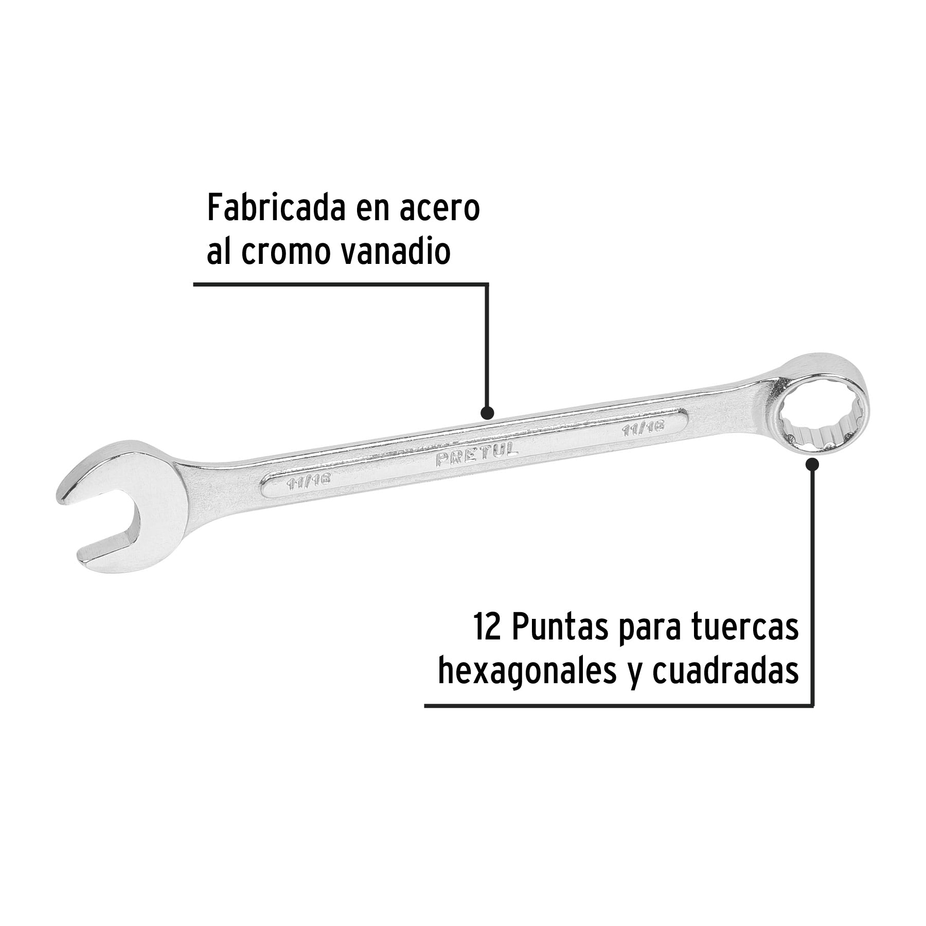 Llave combinada 11/16" x 210 mm de largo, PRETUL