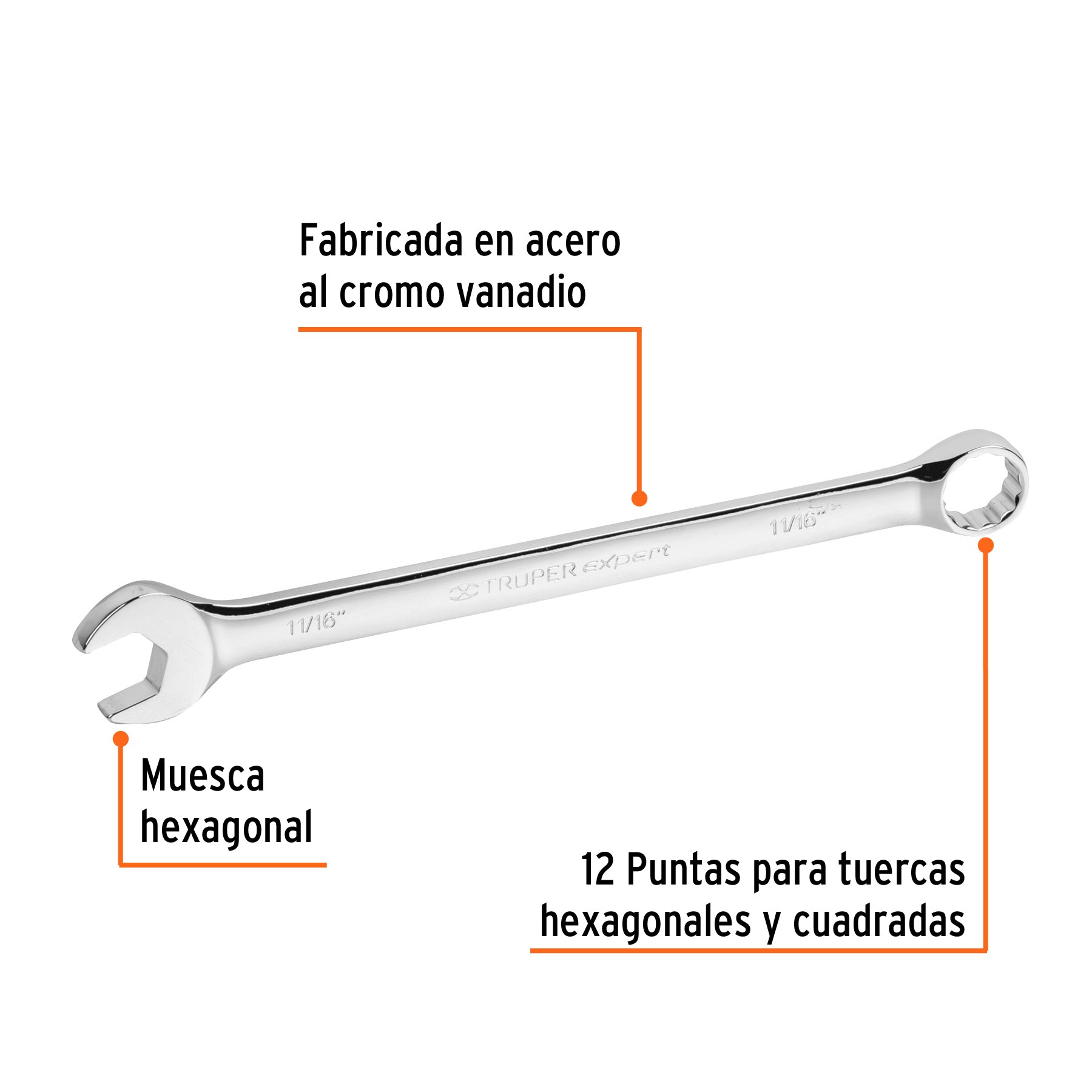 Llave combinada extralarga 11/16" x 259 mm de largo, EXPERT
