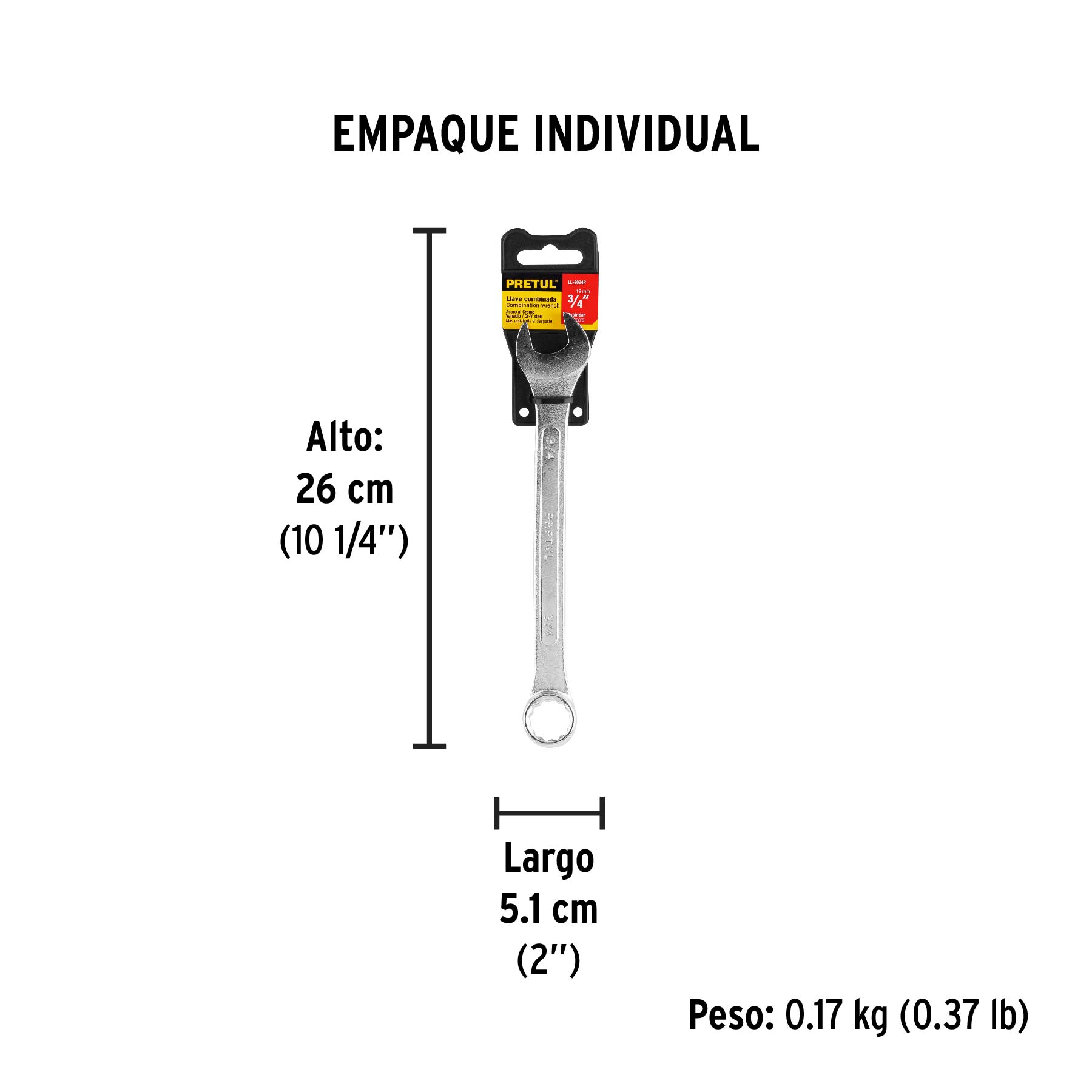 Llave combinada 3/4" x 230 mm de largo, PRETUL - Empaque