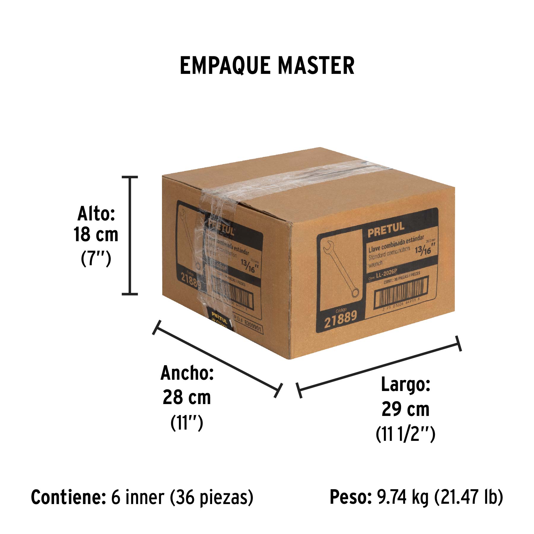Llave combinada 13/16" x 250 mm de largo, PRETUL - Empaque