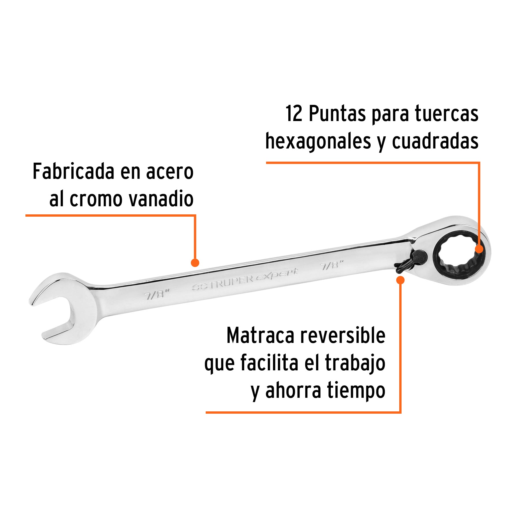 Llave combinada matraca reversible 7/8"x288 mm largo, EXPERT