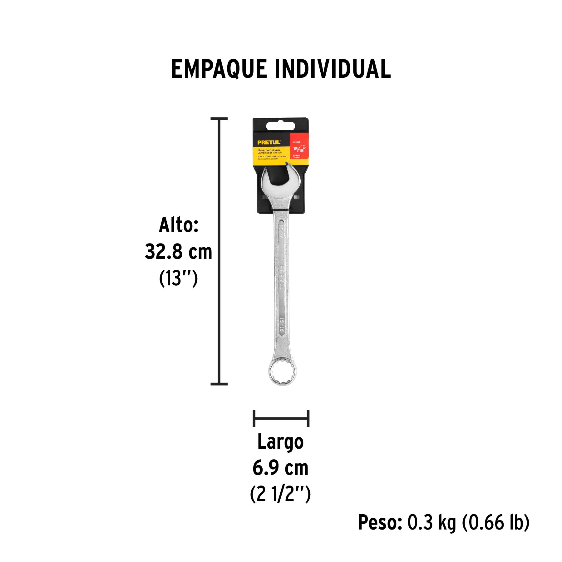 Llave combinada 15/16" x 280 mm de largo, PRETUL - Empaque