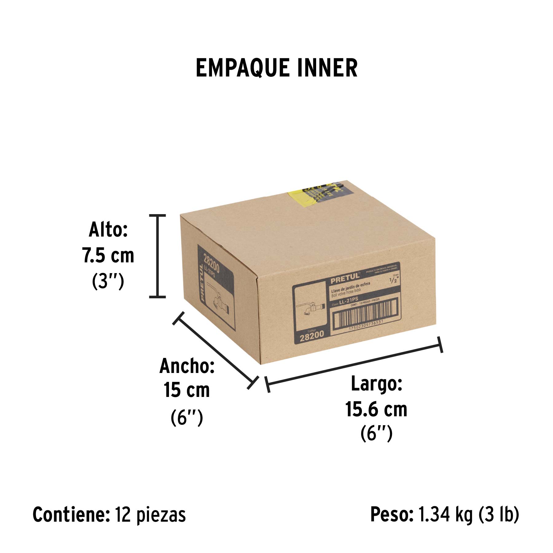 Llave de esfera de zinc 1/2", 110 g, s/adaptador, PRETUL - Empaque