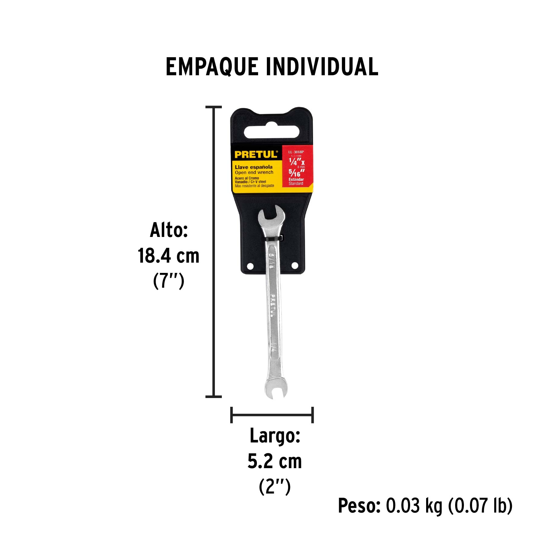 Llave española, 1/4 x 5/16" x 122 mm de largo, PRETUL - Empaque