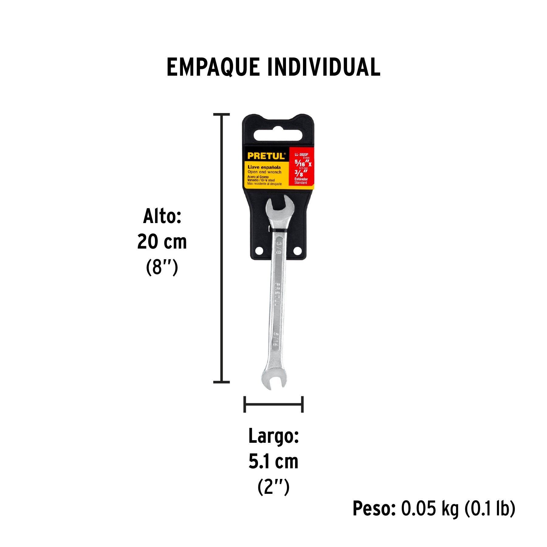 Llave española, 5/16 x 3/8" x 140 mm de largo, PRETUL - Empaque
