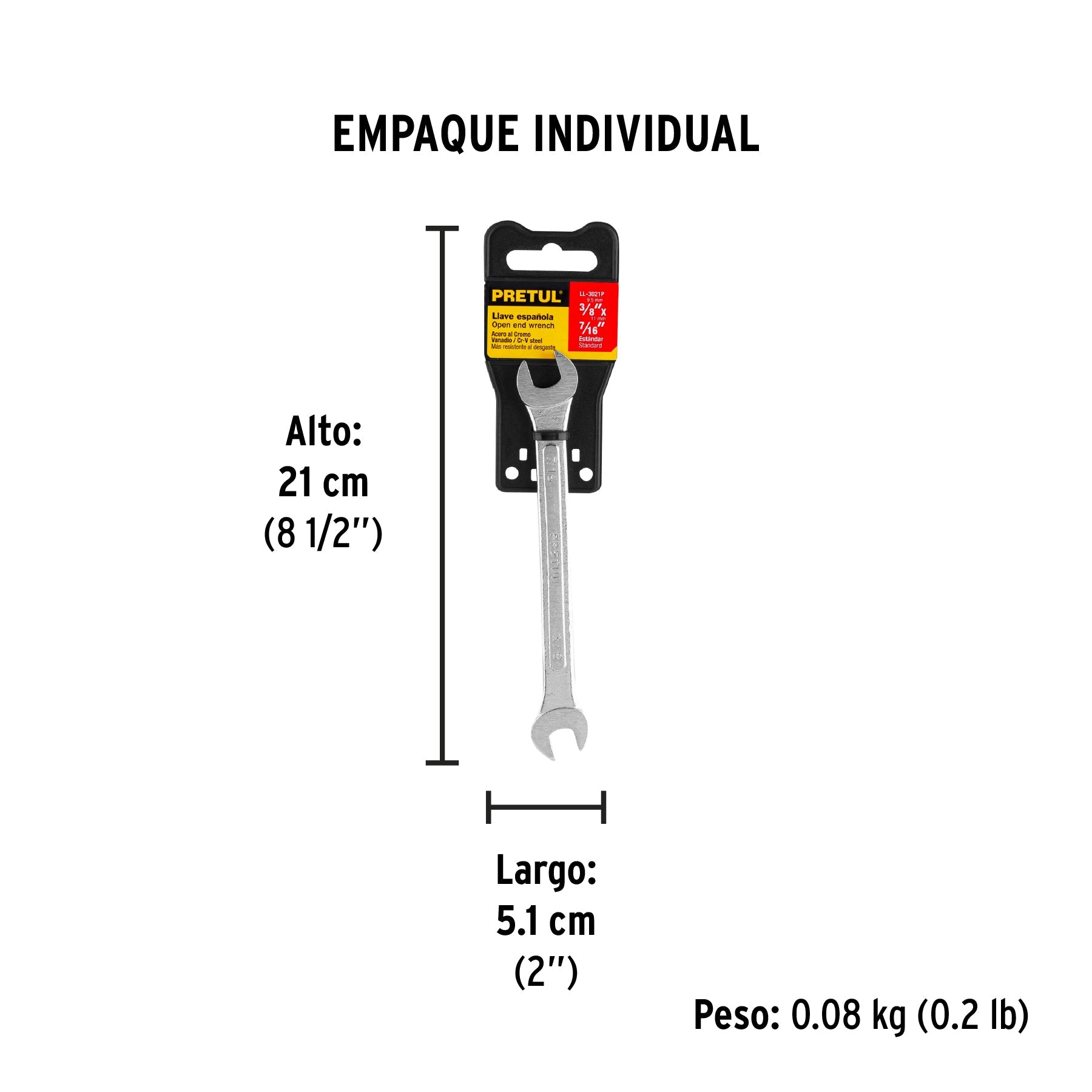 Llave española, 3/8 x 7/16" x 157 mm de largo, PRETUL - Empaque