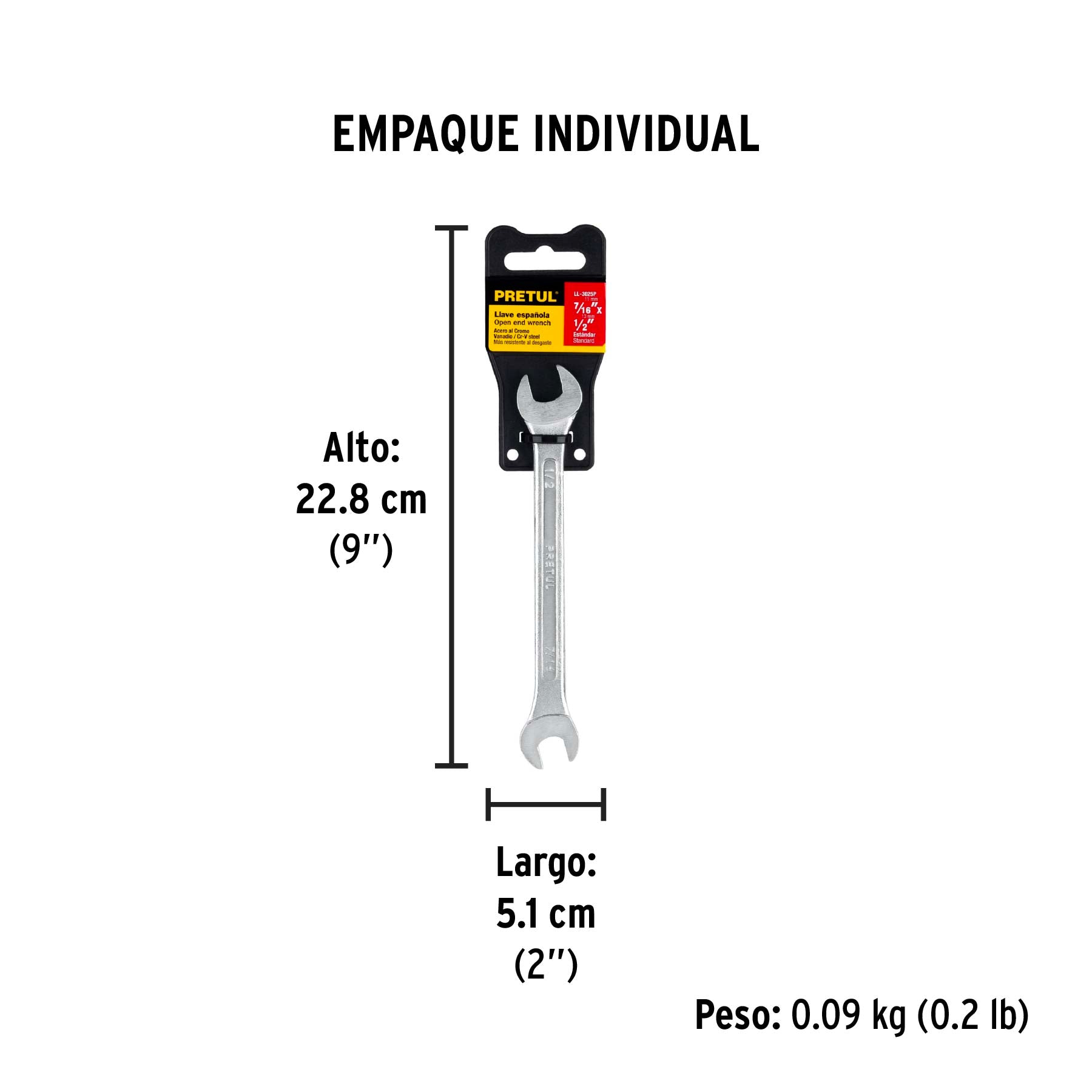 Llave española, 7/16 x 1/2" x 172 mm de largo, PRETUL - Empaque
