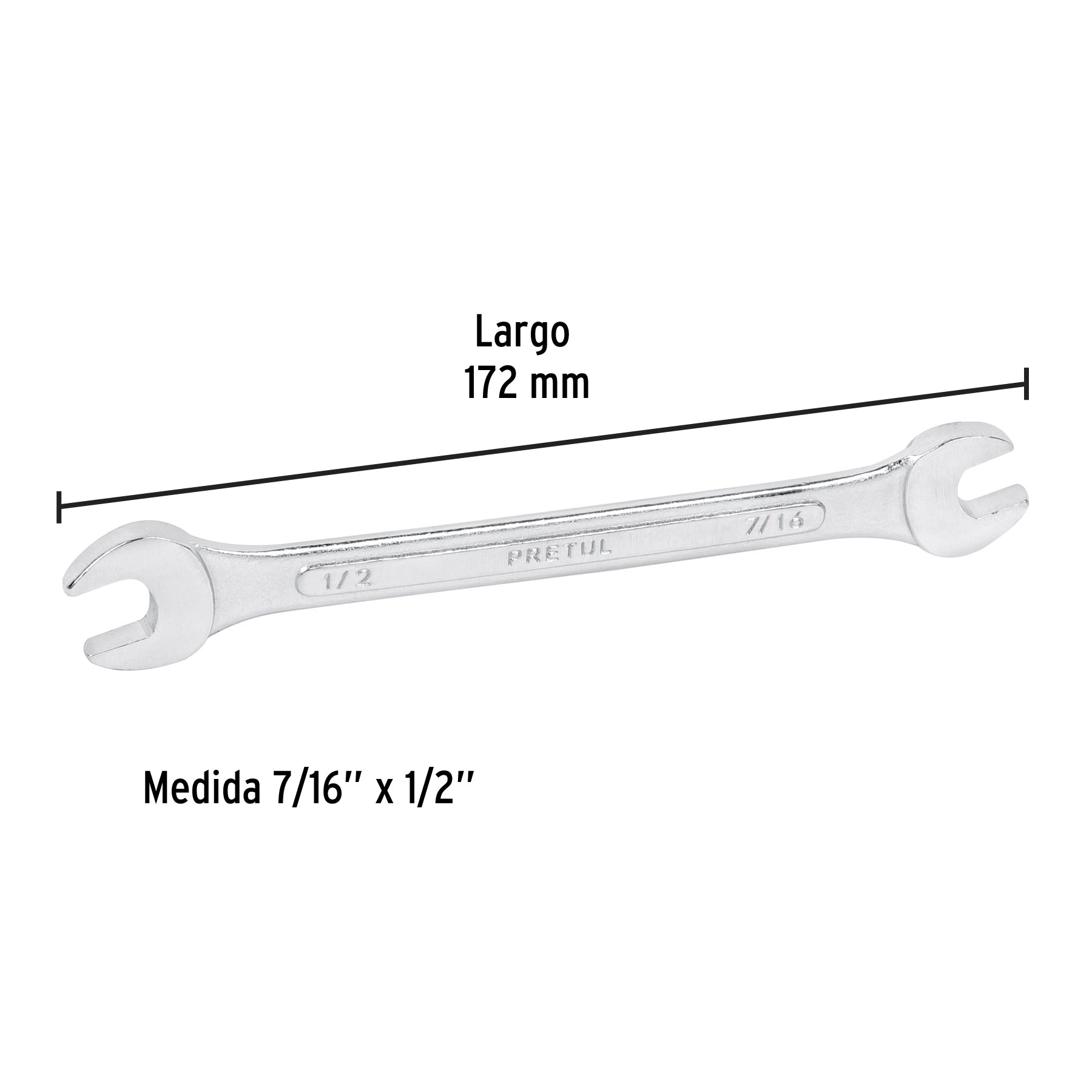 Llave española, 7/16 x 1/2" x 172 mm de largo, PRETUL