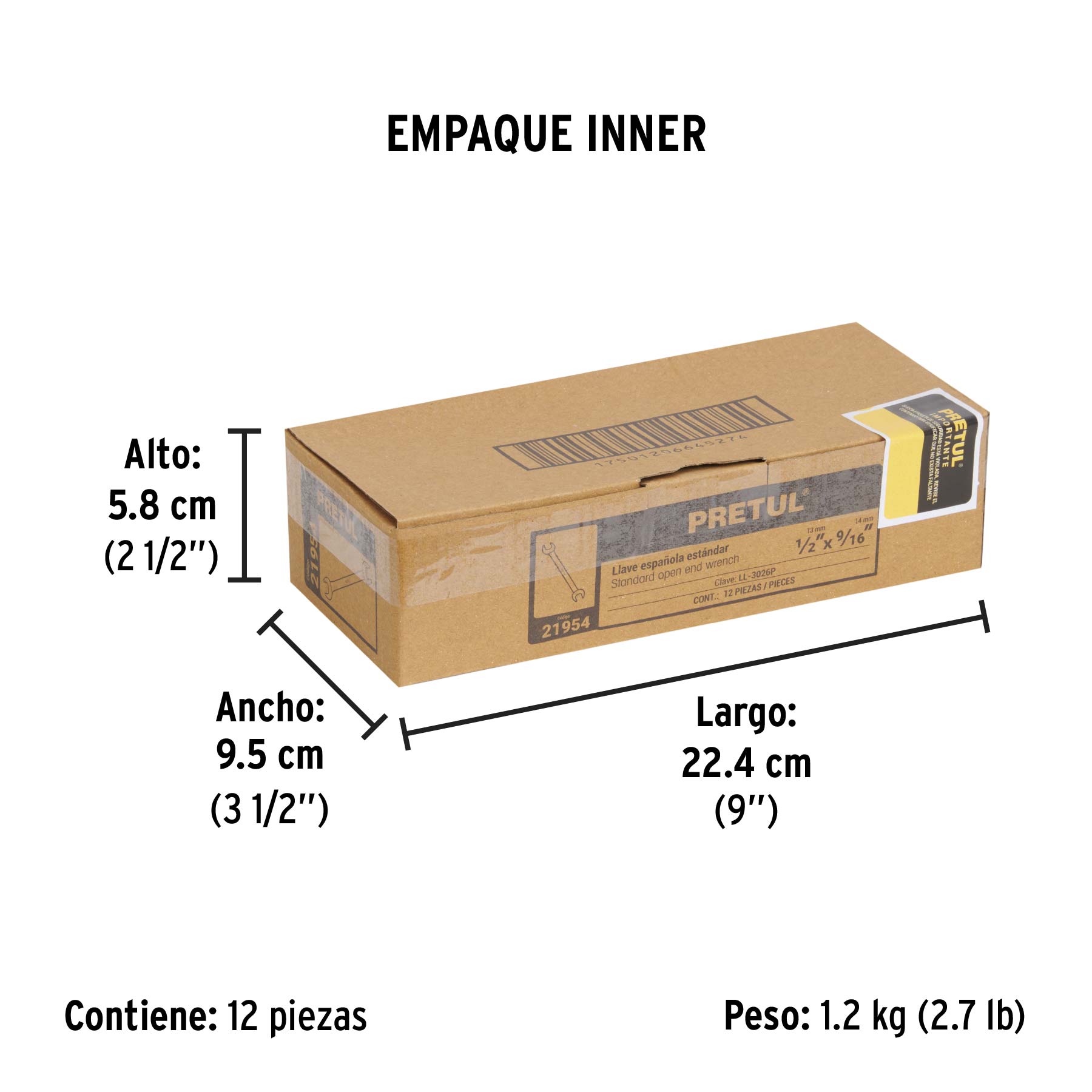 Llave española, 1/2 x 9/16" x 172 mm de largo, PRETUL - Empaque