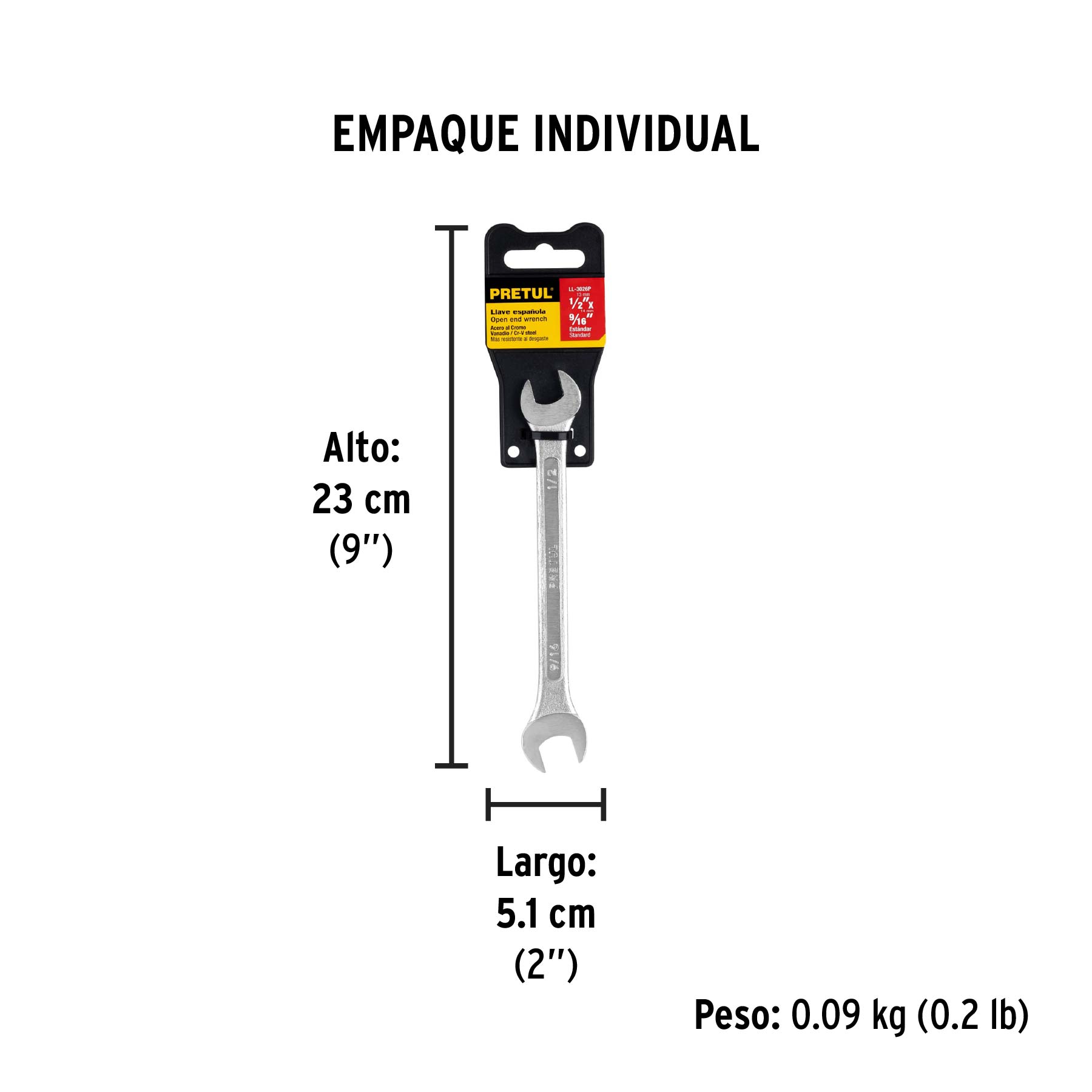 Llave española, 1/2 x 9/16" x 172 mm de largo, PRETUL - Empaque