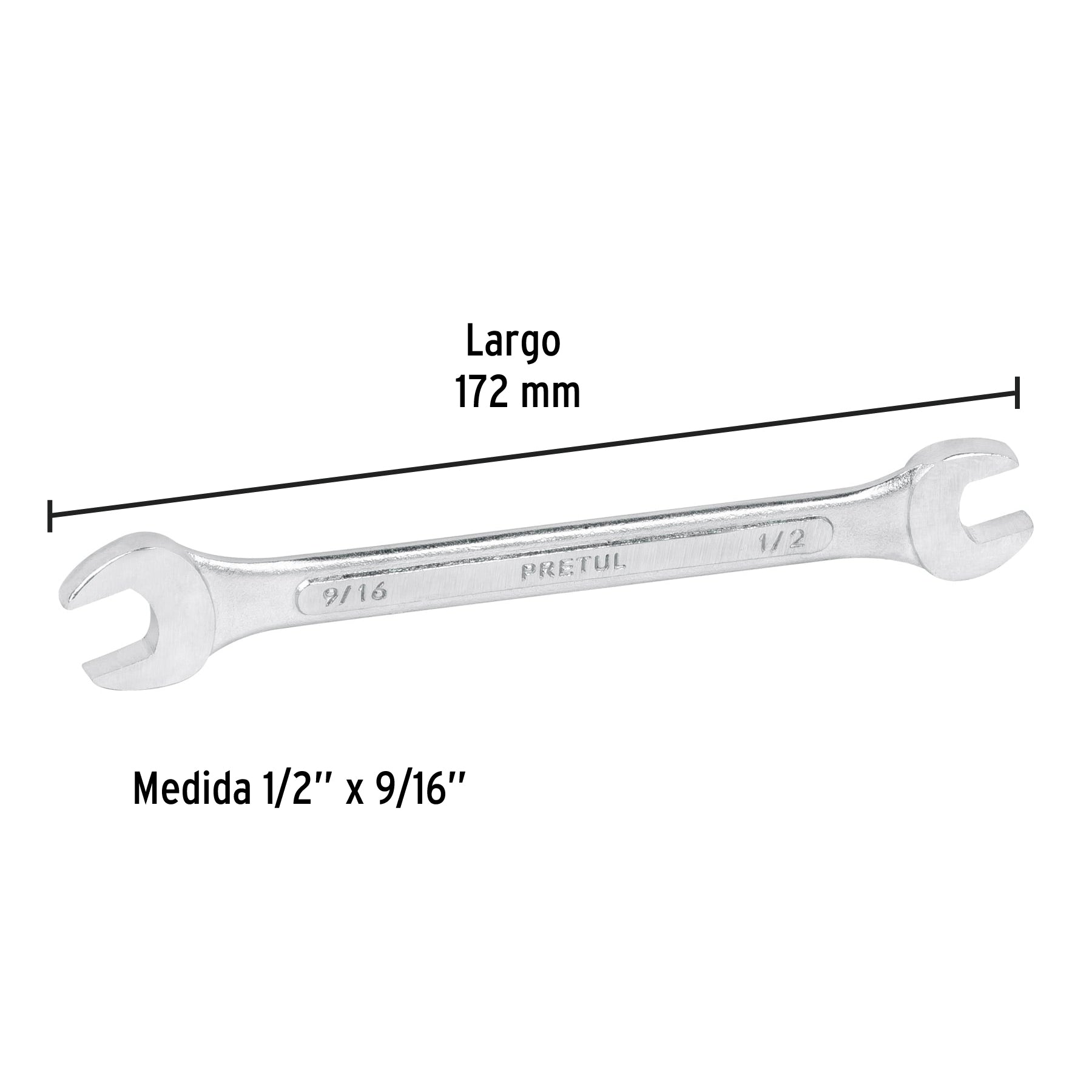Llave española, 1/2 x 9/16" x 172 mm de largo, PRETUL