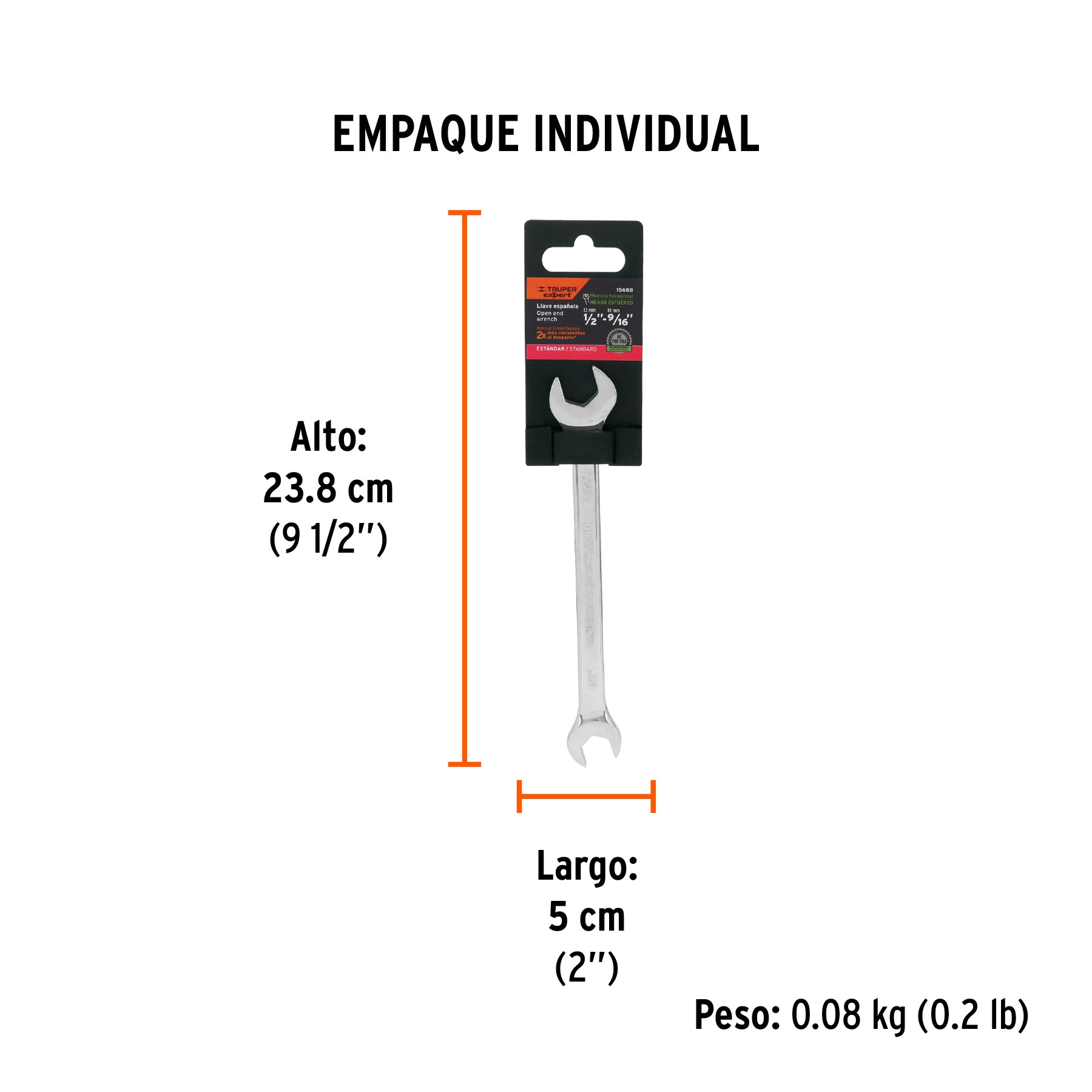 Llave española, 1/2 x 9/16" x 181 mm de largo, TRUPER EXPERT - Empaque