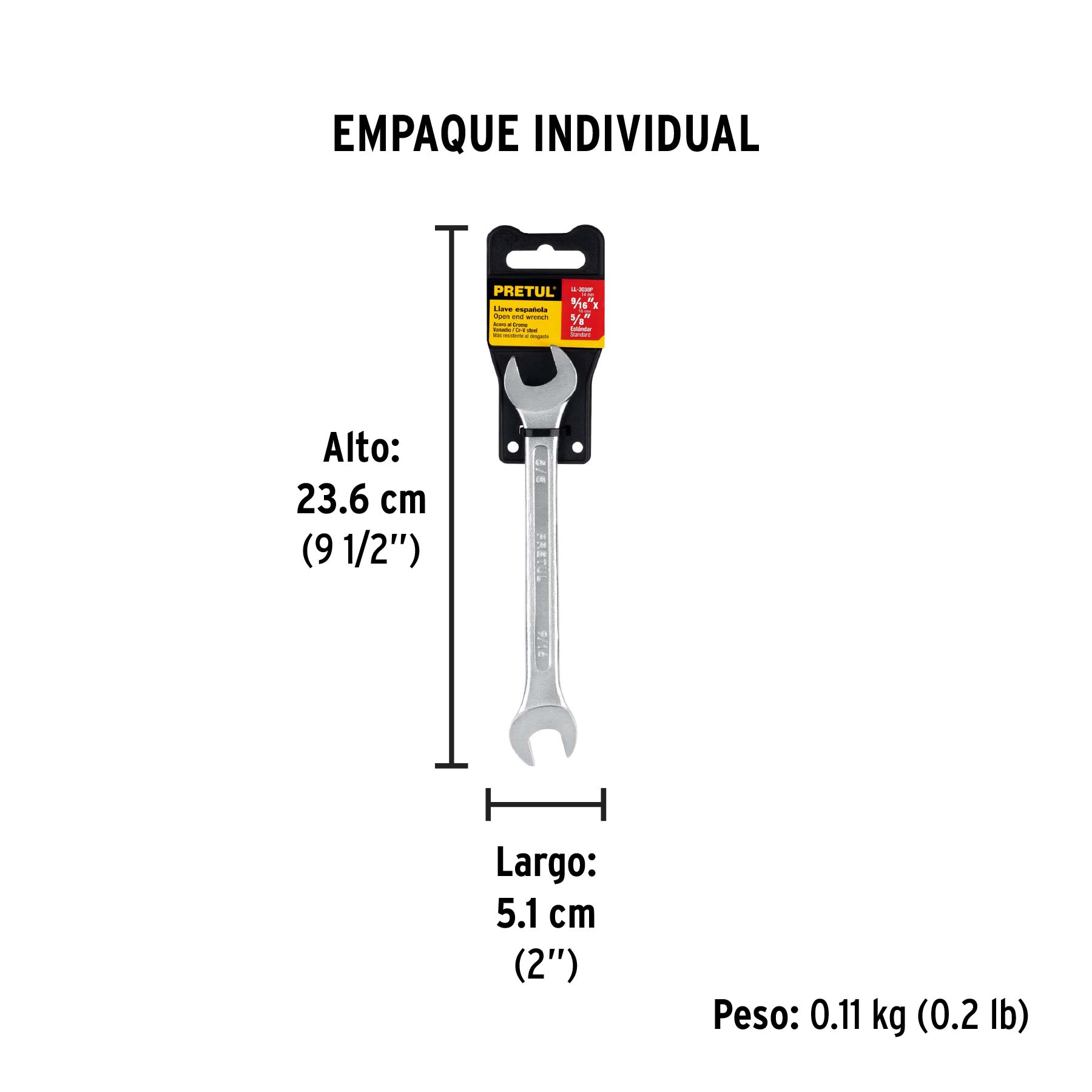 Llave española, 9/16 x 5/8" x 185 mm de largo, PRETUL - Empaque