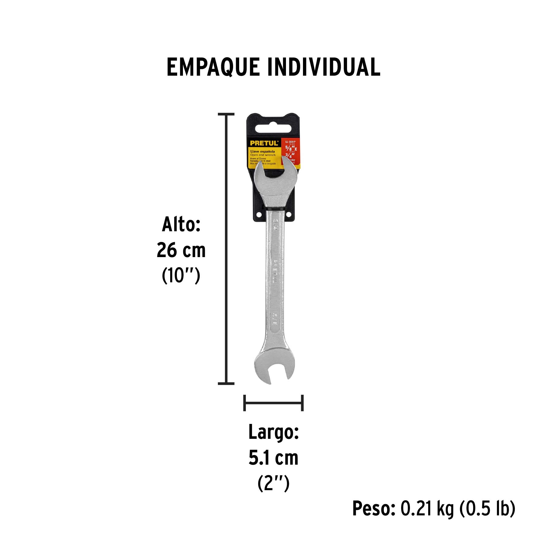 Llave española, 5/8 x 3/4" x 221 mm de largo, PRETUL - Empaque