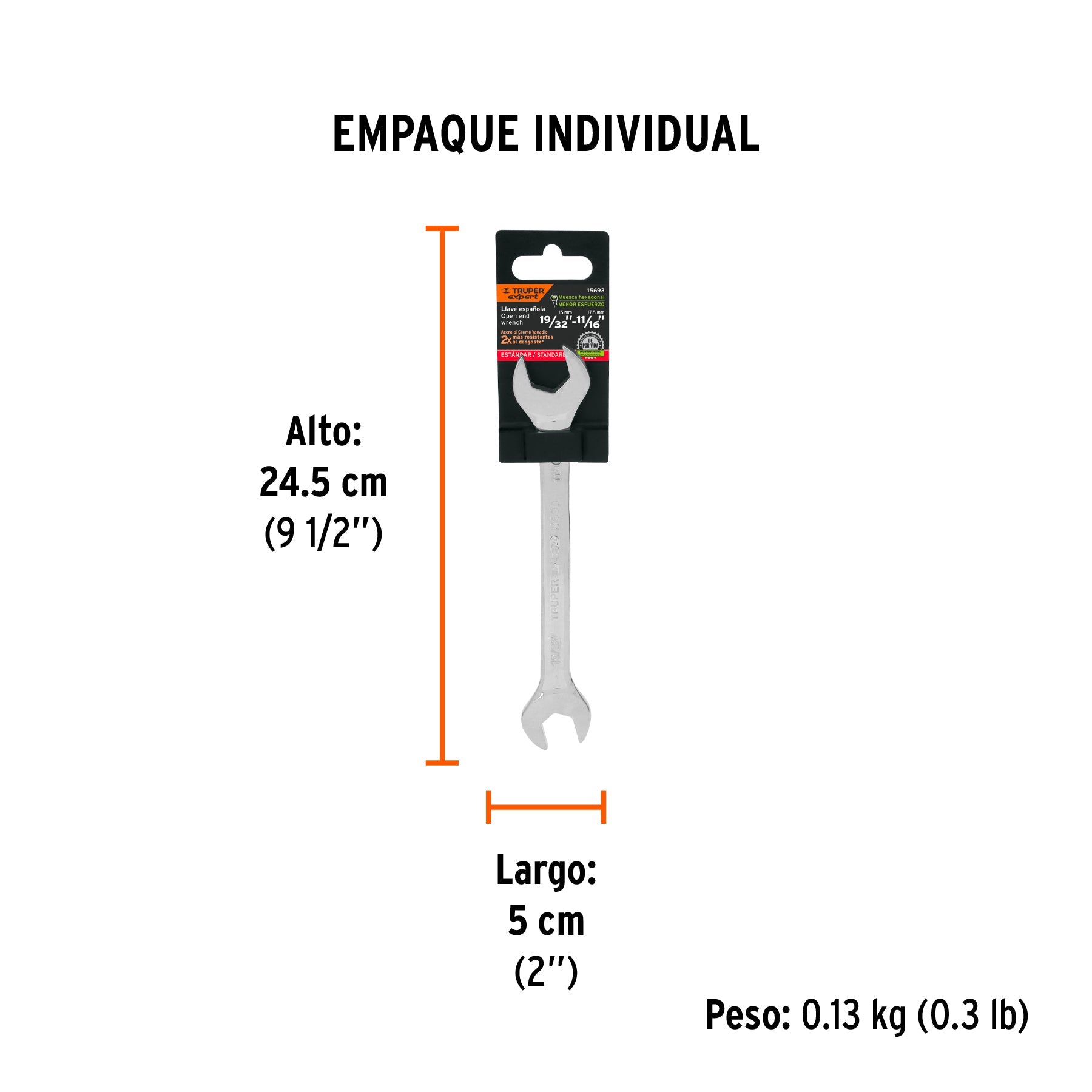 Llave española, 19/32 x 11/16" x 198 mm de largo, EXPERT - Empaque