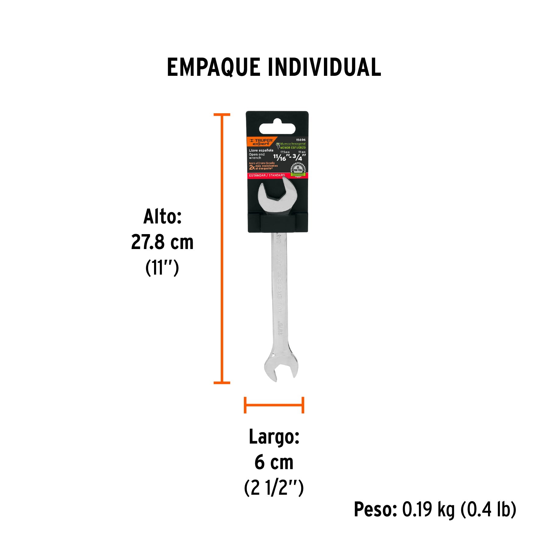 Llave española, 11/16 x 3/4" x 220 mm de largo, EXPERT - Empaque