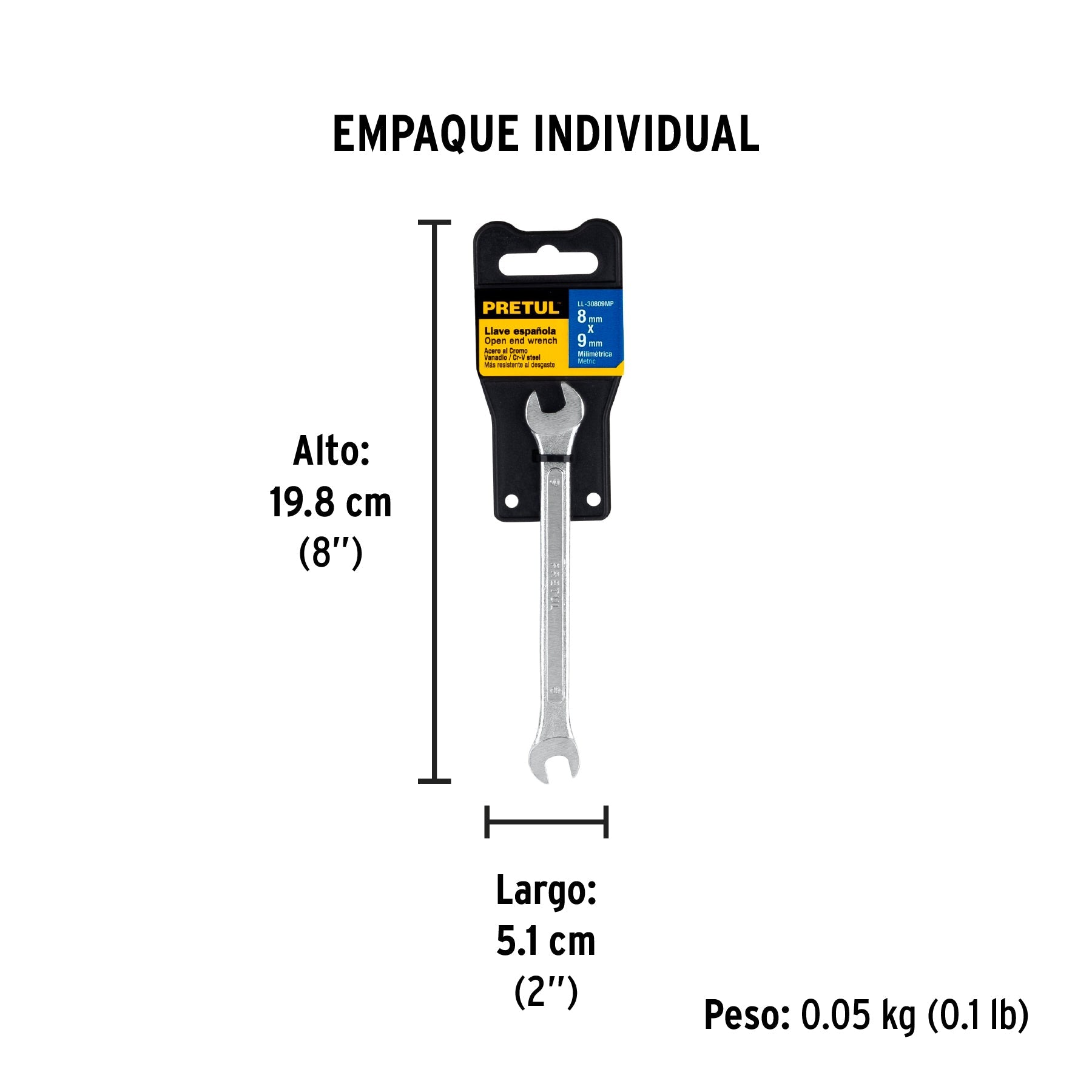 Llave española 8 x 9 mm x 140 mm de largo, PRETUL - Empaque