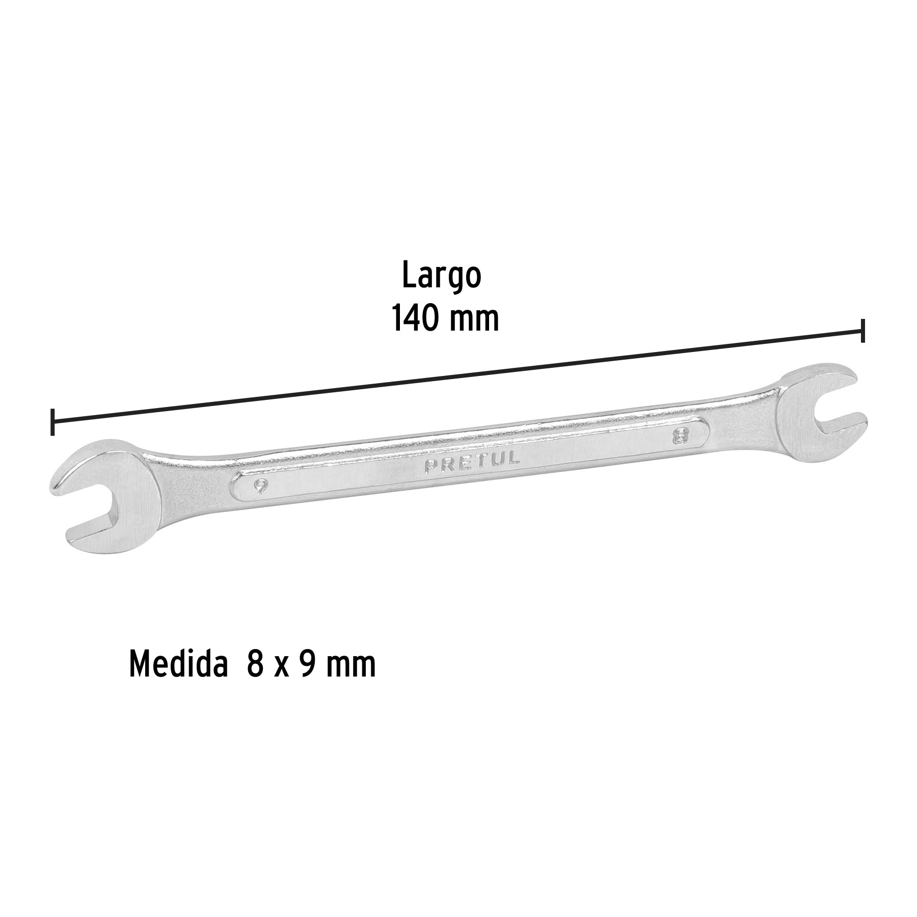 Llave española 8 x 9 mm x 140 mm de largo, PRETUL