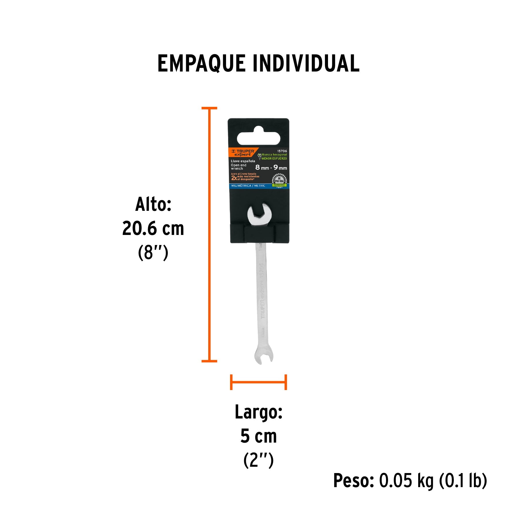 Llave española 8 x 9 mm x 145 mm de largo, TRUPER EXPERT - Empaque