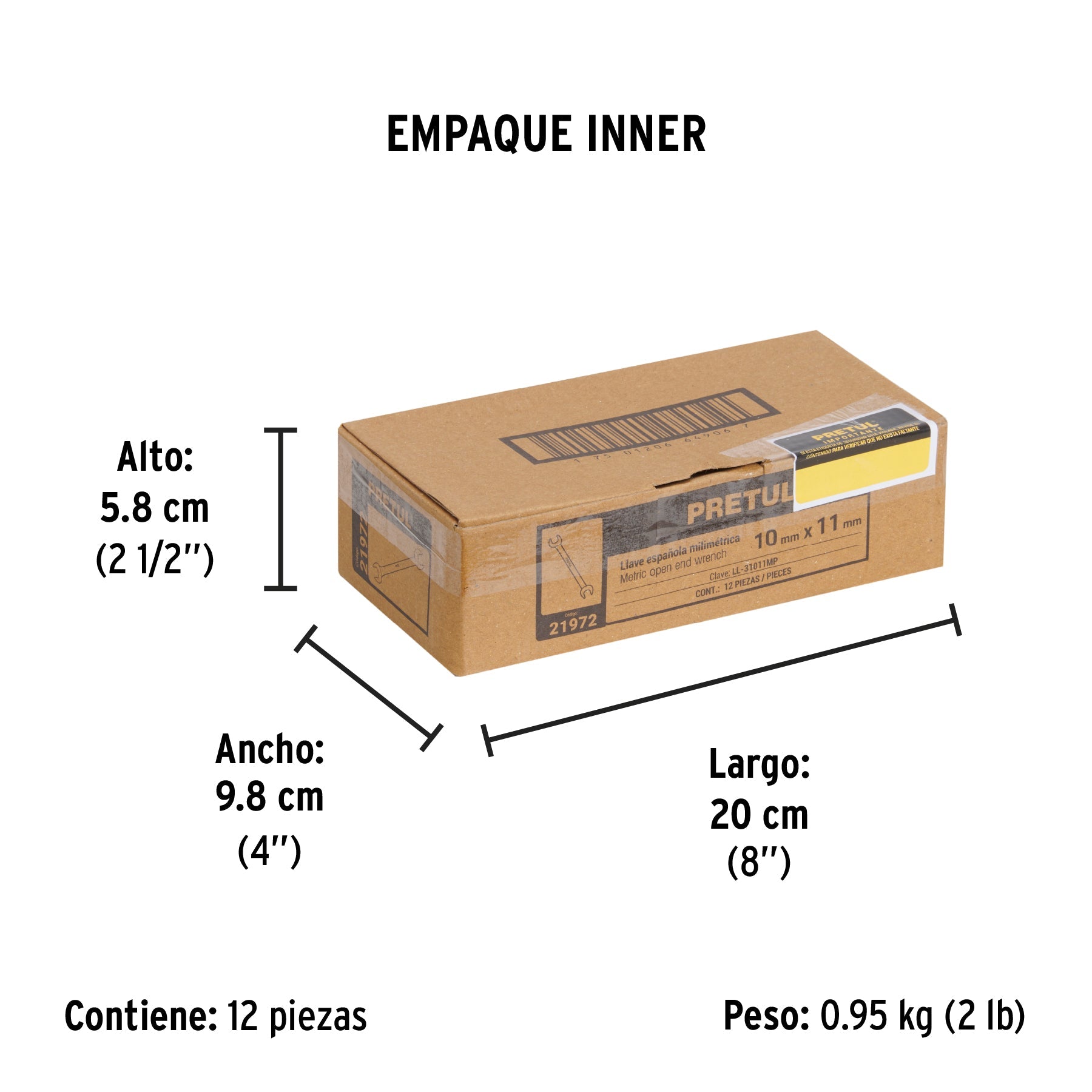 Llave española 10 x 11 mm x 157 mm de largo, PRETUL - Empaque