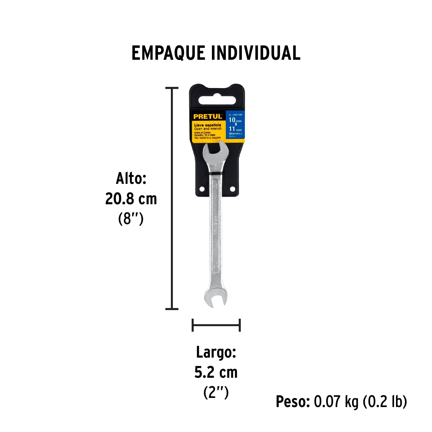 Llave española 10 x 11 mm x 157 mm de largo, PRETUL - Empaque