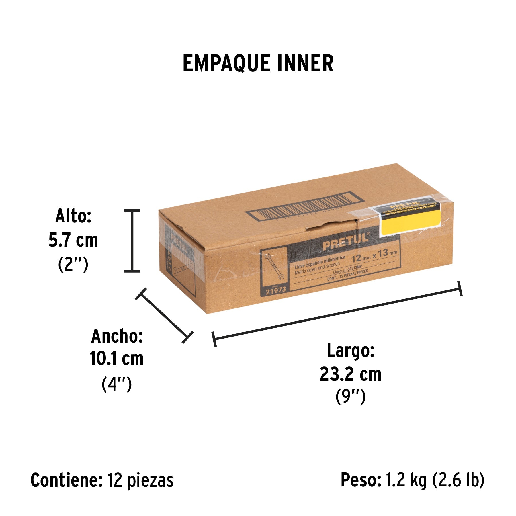 Llave española 12 x 13 mm x 172 mm de largo, PRETUL - Empaque
