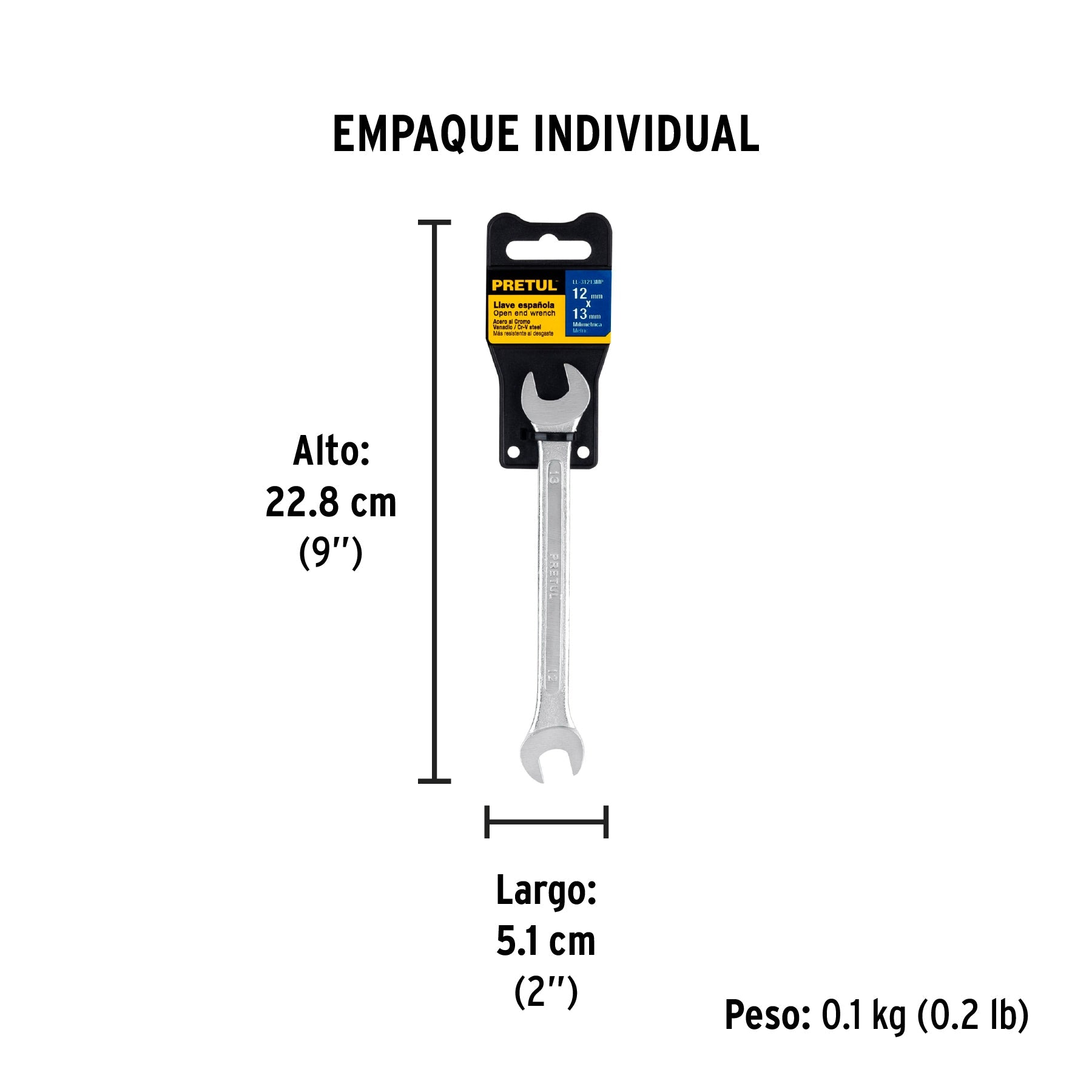 Llave española 12 x 13 mm x 172 mm de largo, PRETUL - Empaque