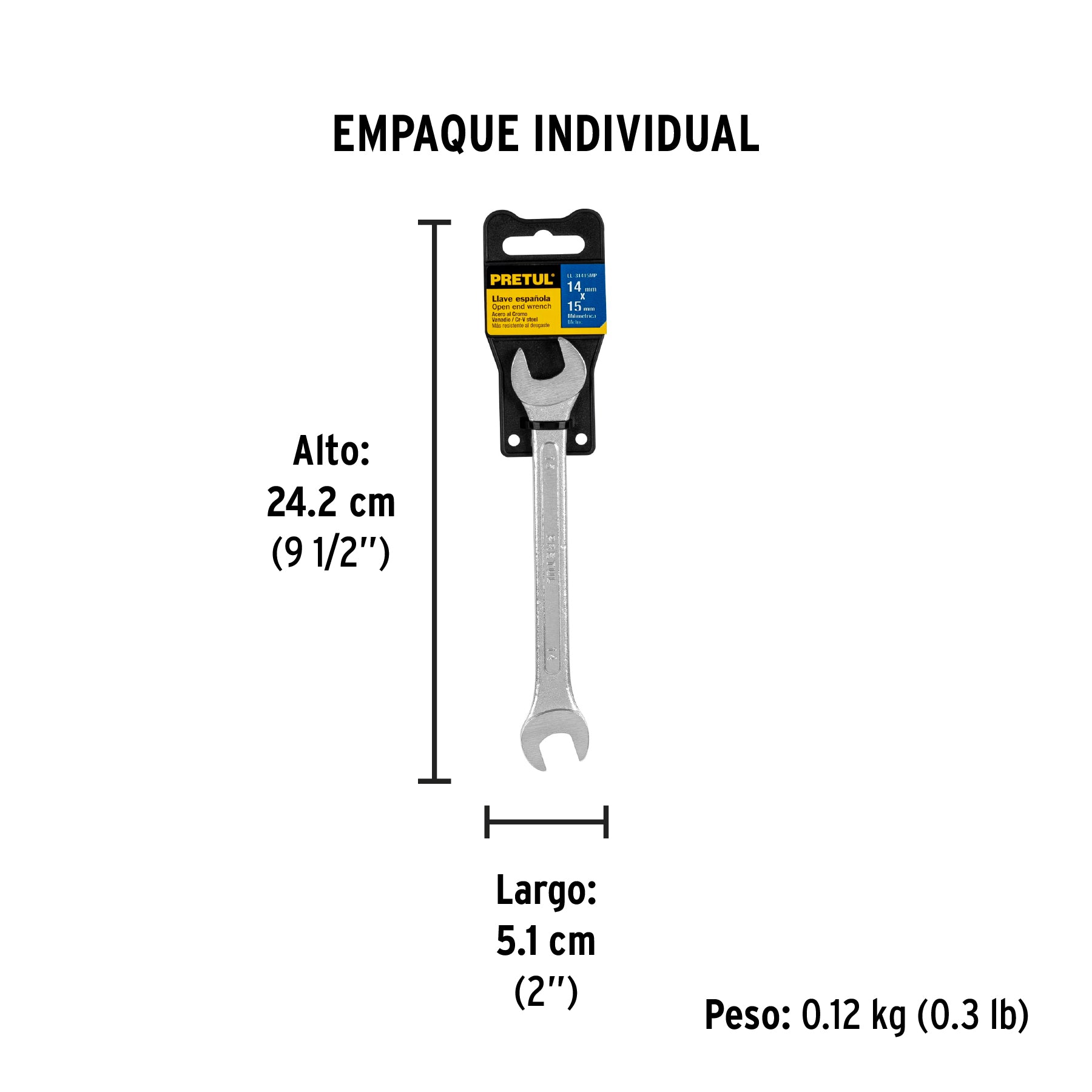 Llave española 14 x 15 mm x 185 mm de largo, PRETUL - Empaque