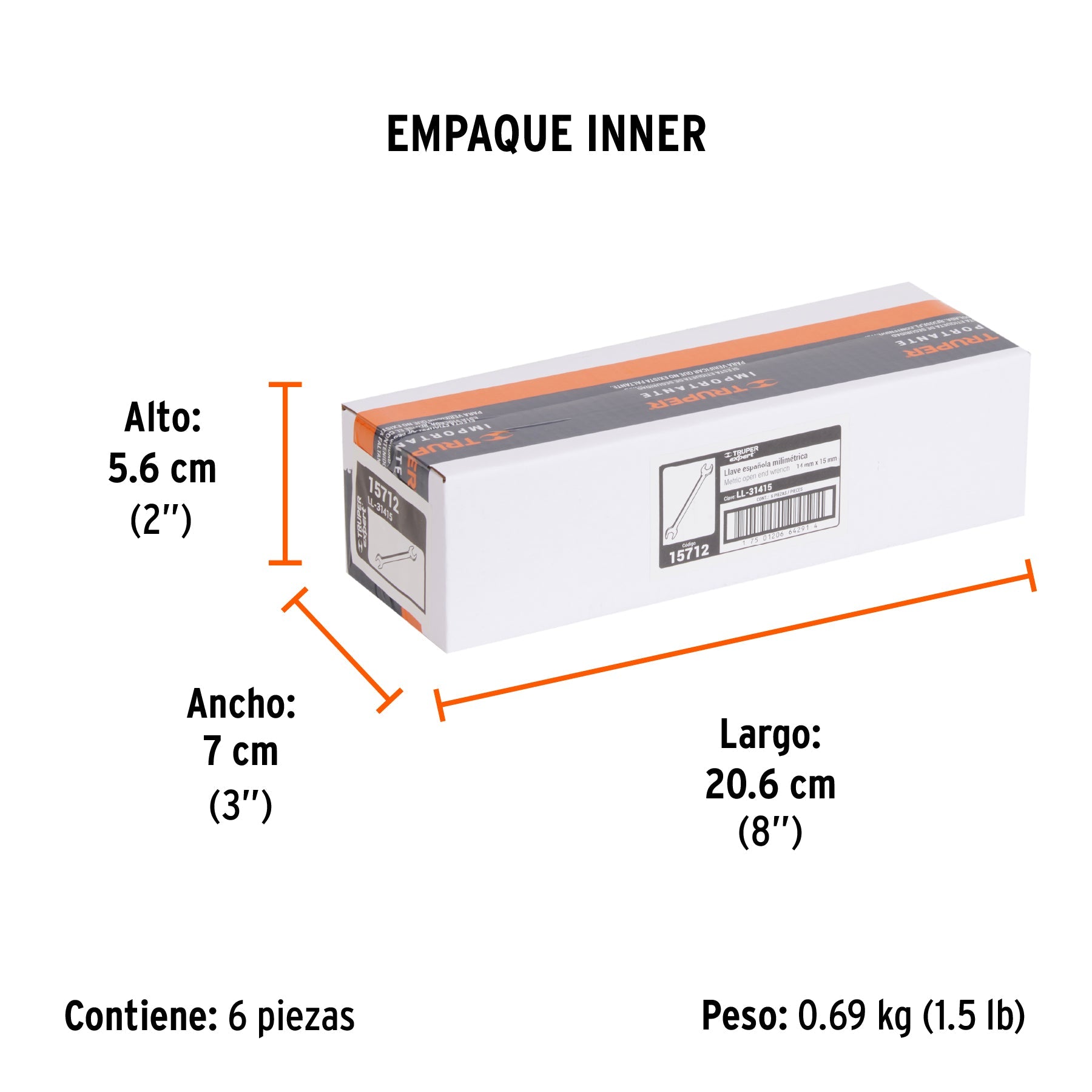Llave española 14 x 15 x 189 mm de largo, TRUPER EXPERT - Empaque