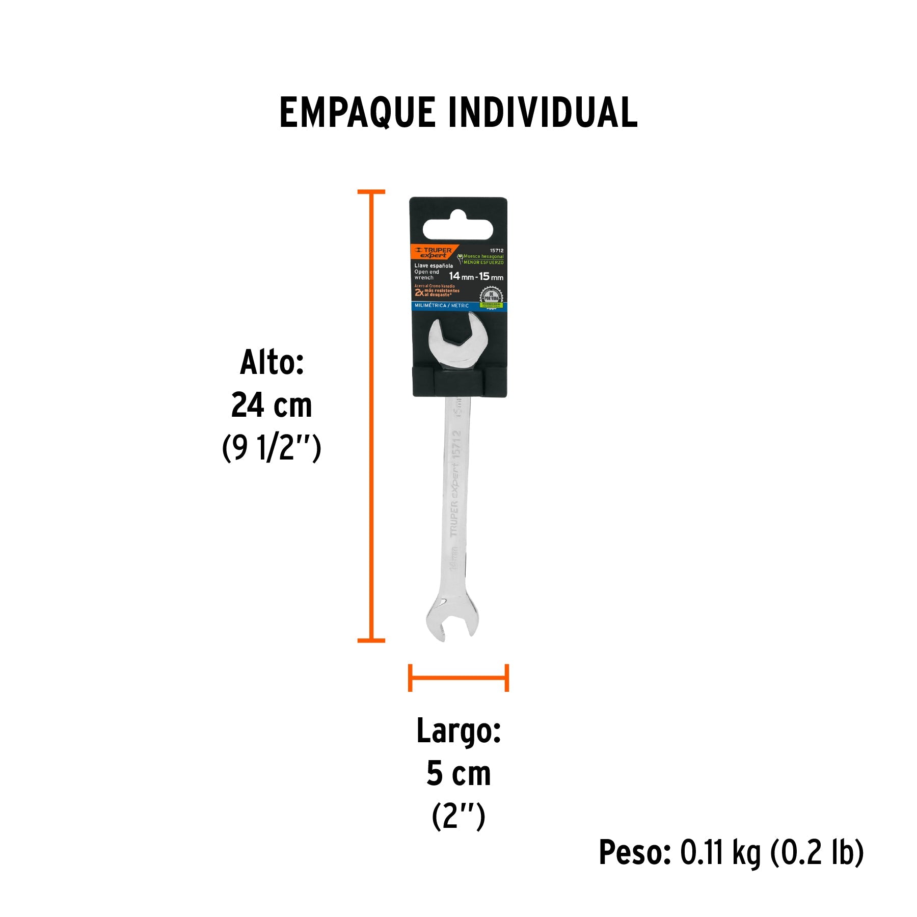 Llave española 14 x 15 x 189 mm de largo, TRUPER EXPERT - Empaque