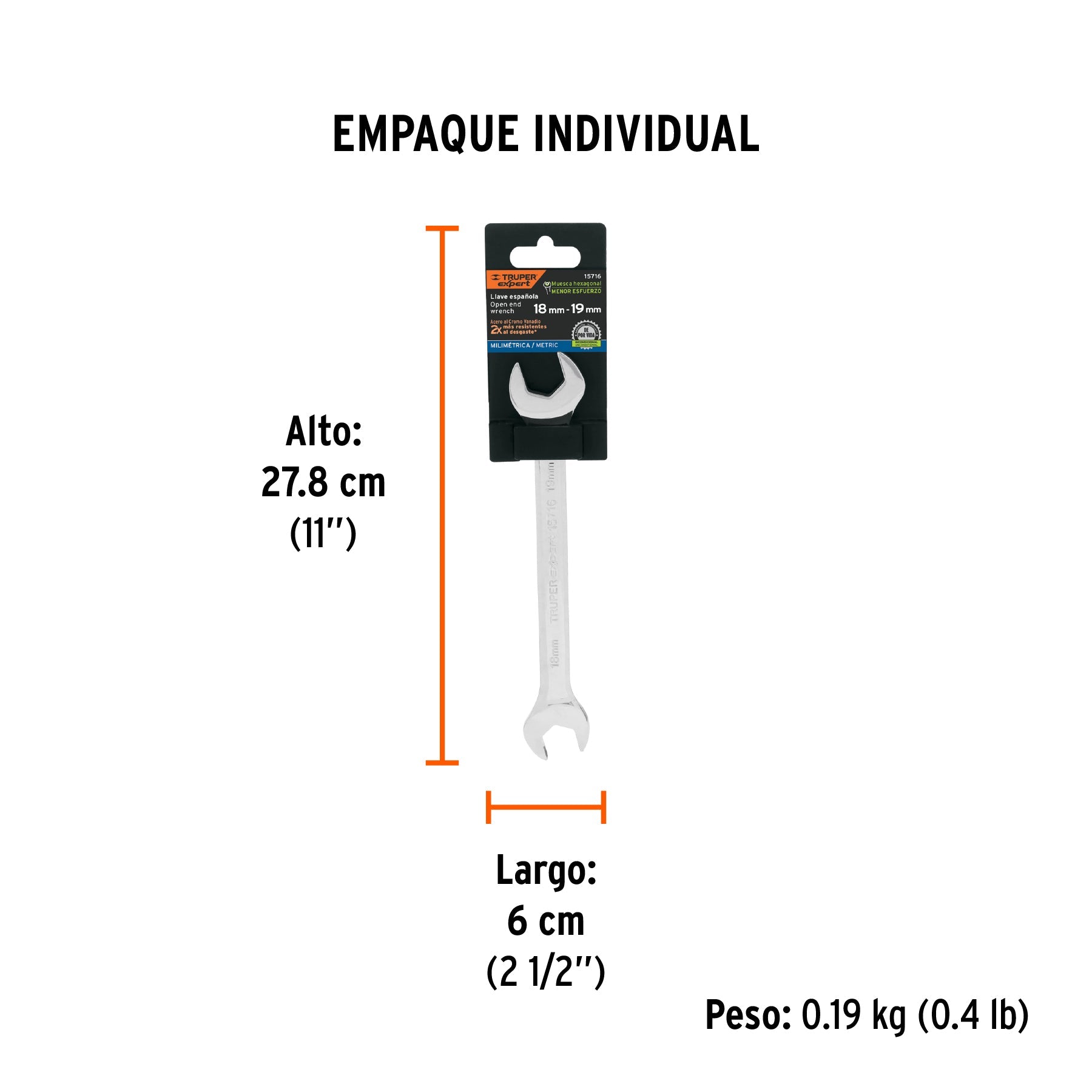 Llave española 18 x 19 x 220 mm de largo, TRUPER EXPERT - Empaque
