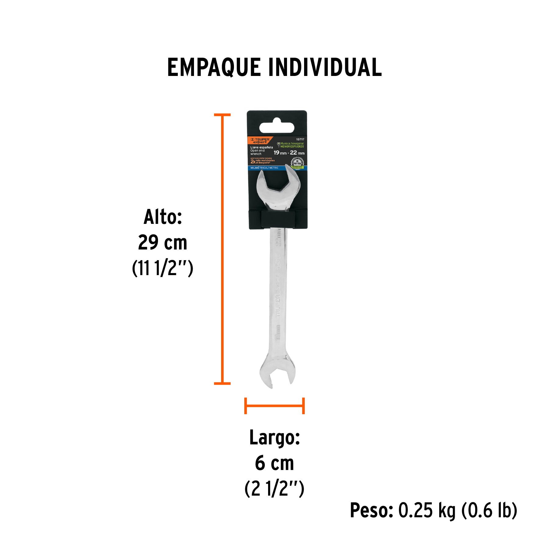 Llave española 19 x 22 x 242 mm de largo, TRUPER EXPERT - Empaque