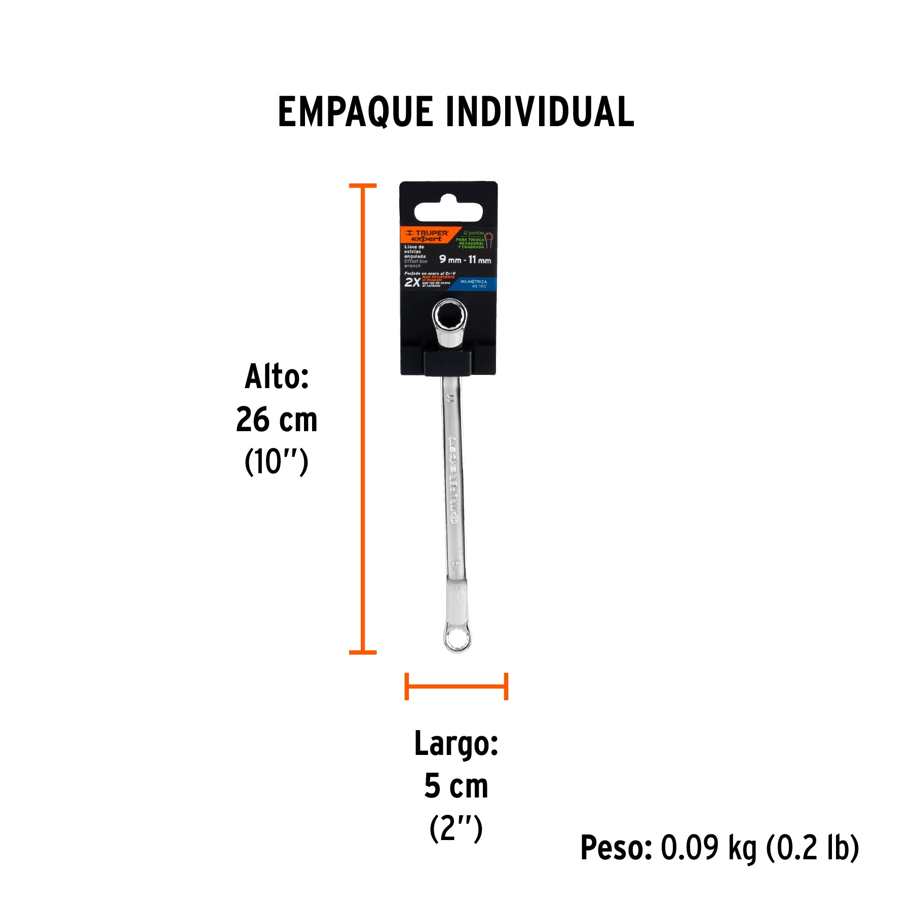 Llave de estrías 9 x 11 x 181 mm largo, TRUPER EXPERT - Empaque