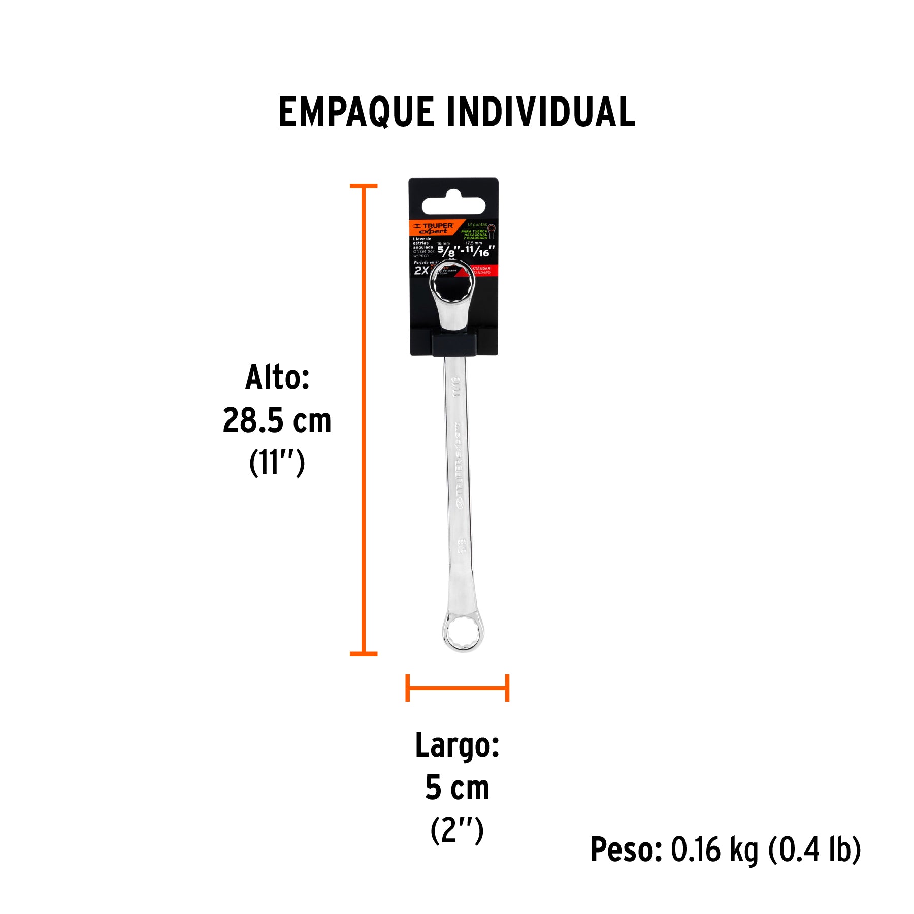 Llave de estrías 5/8 x 11/16" x 236 mm largo, TRUPER EXPERT - Empaque
